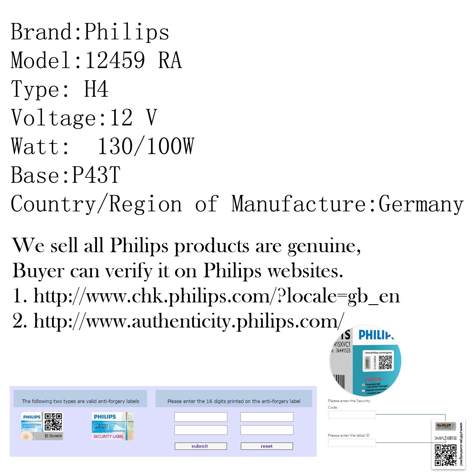 Genuine Philips 12459 RA H4 12V 130/100W P43T 3200K per fari generici per auto