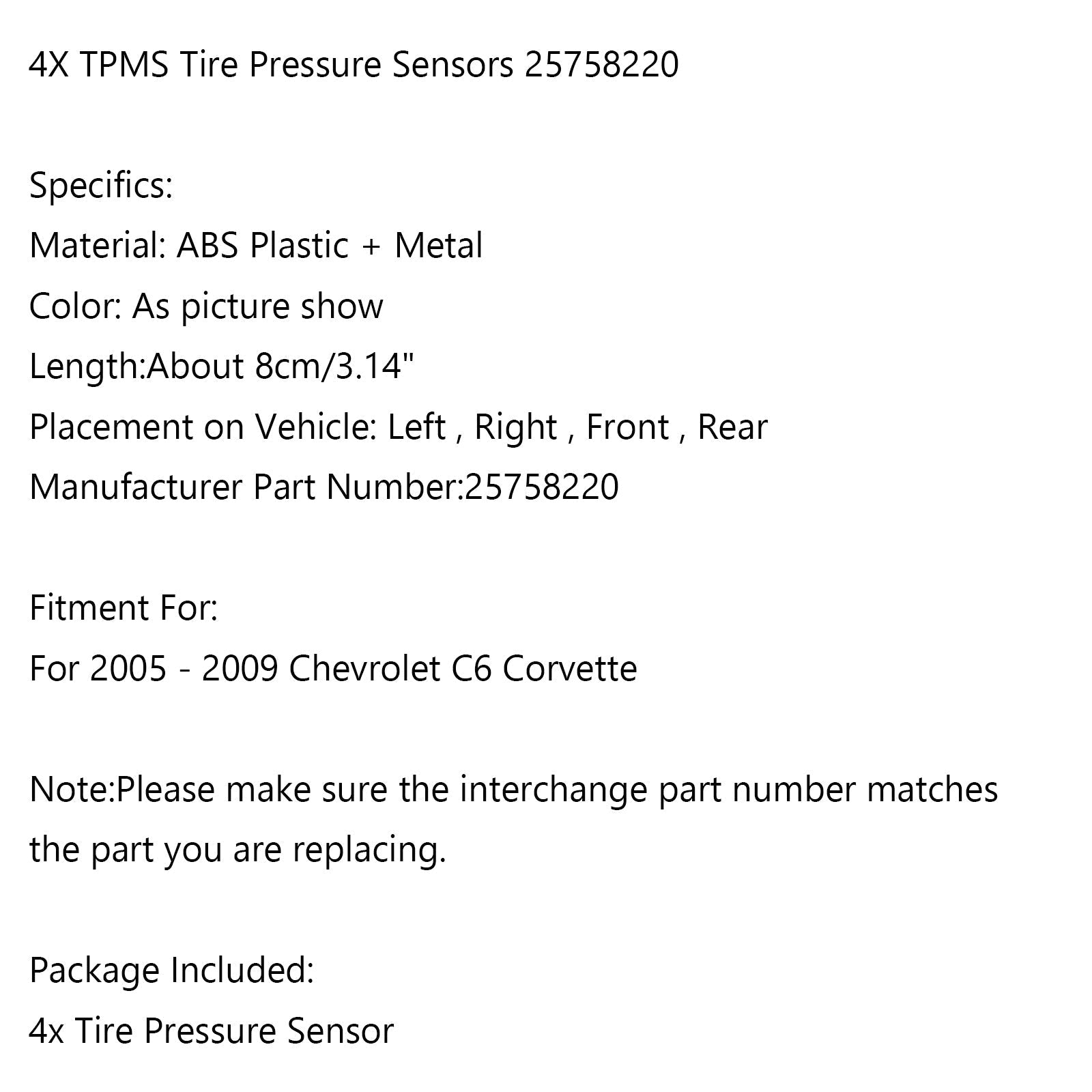 Lot de 4 capteurs de surveillance de la pression des pneus TPMS 25758220 pour 05-2009 C6 Corvette générique