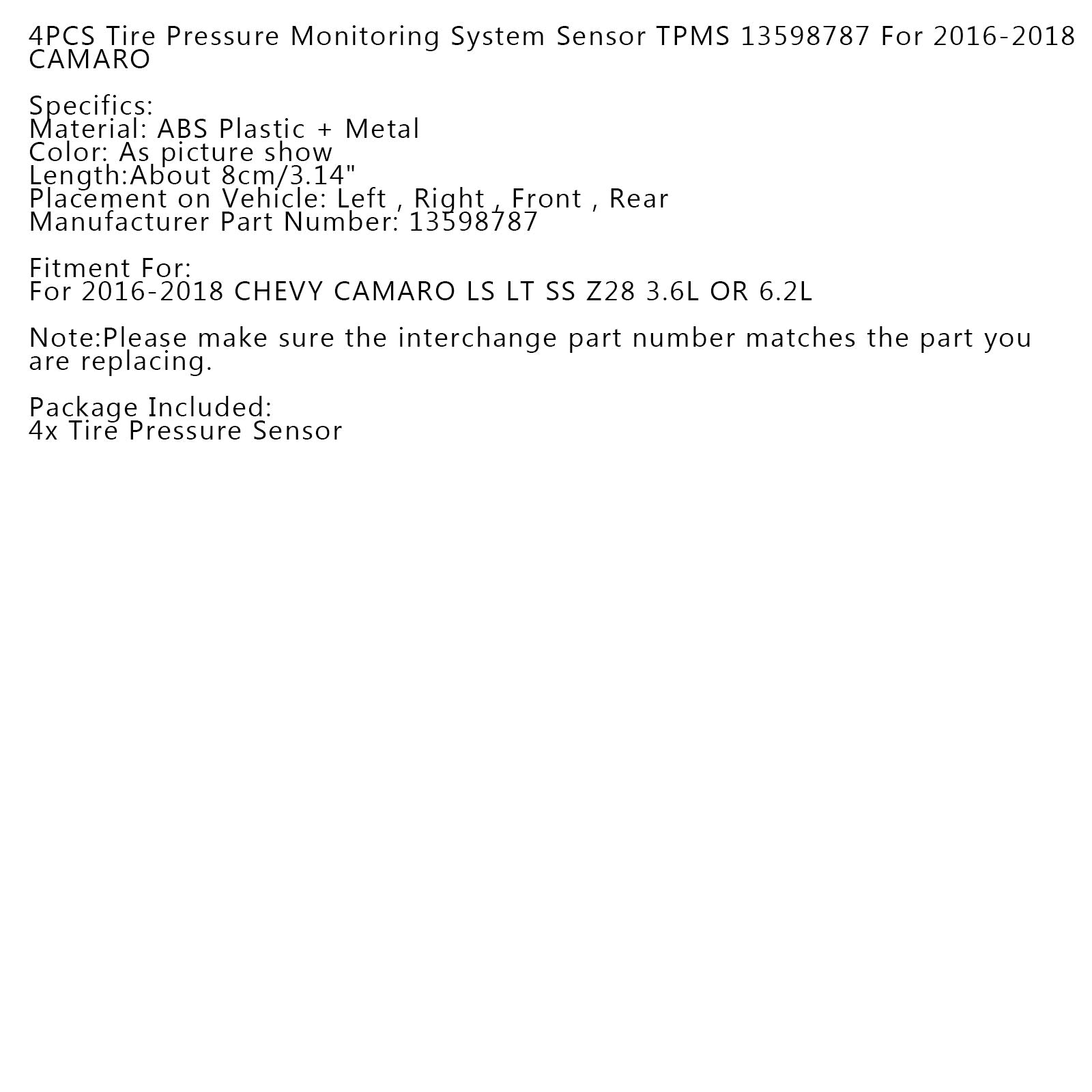 4 du capteur de système de surveillance de la pression des pneus 13598787 pour CAMARO 2016-2018 générique