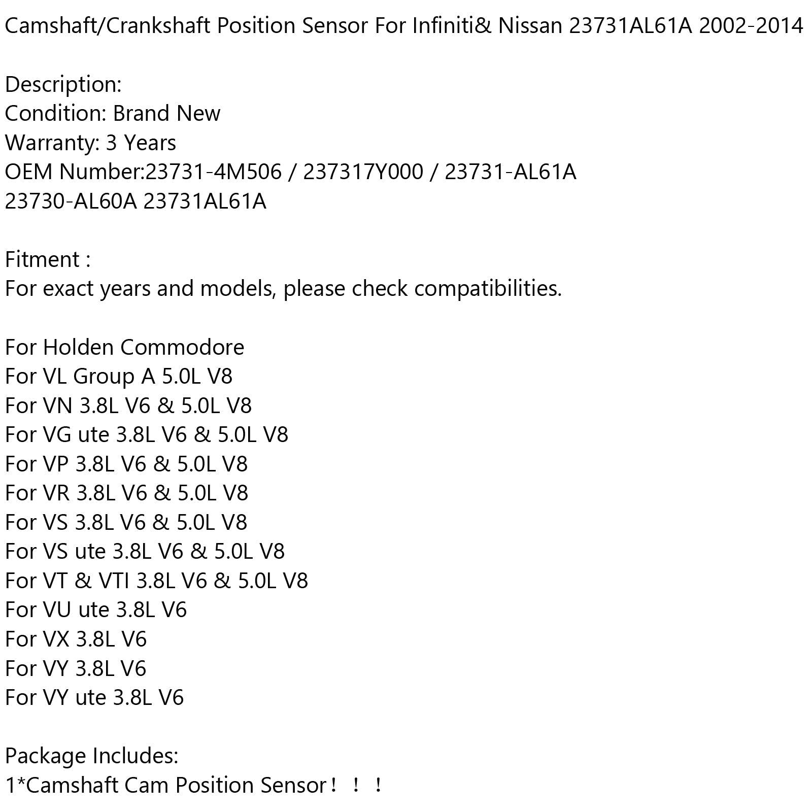 Capteur de position d'arbre à cames/vilebrequin pour Infiniti et Nissan 23731AL61A 2002-2014 générique