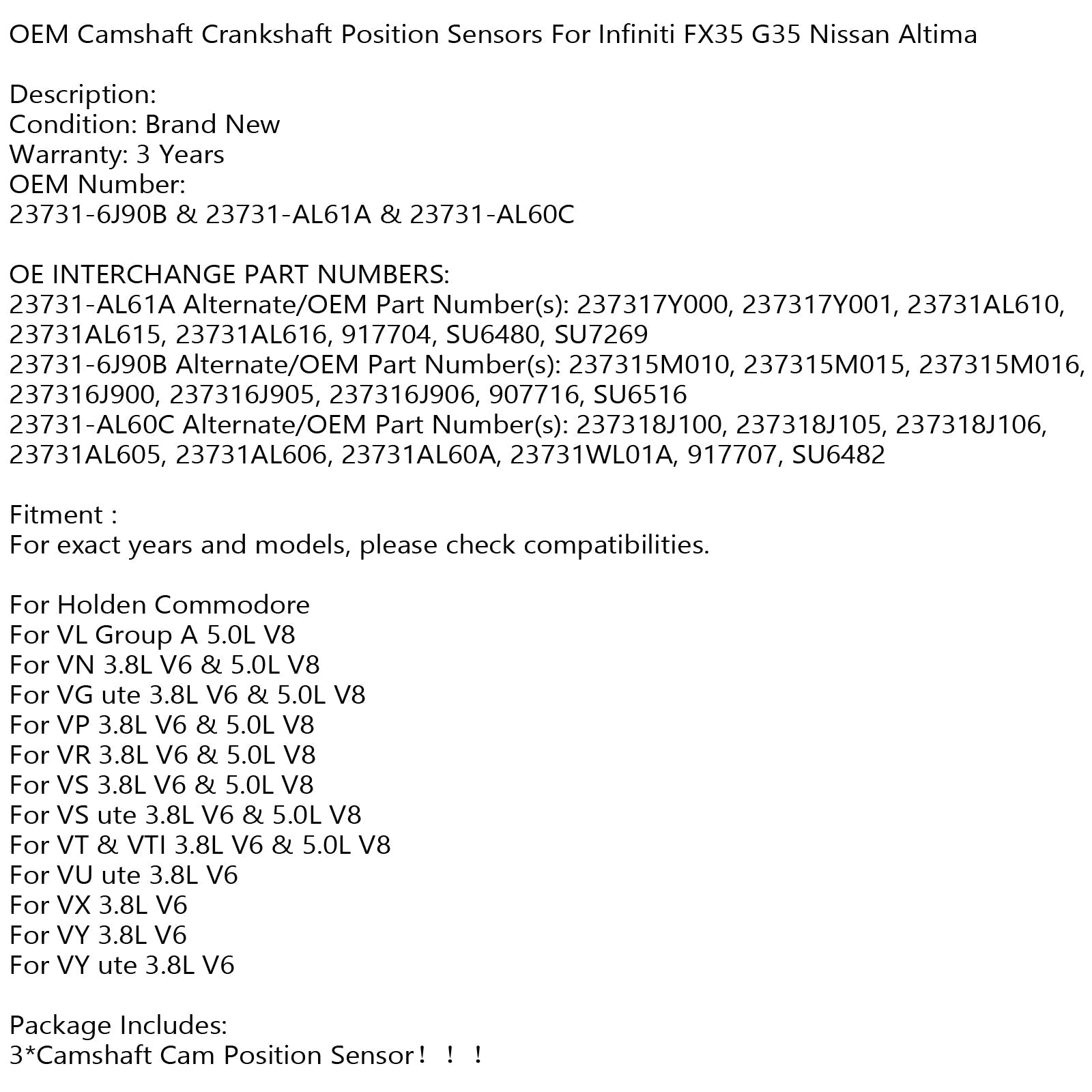 Juego de 3 sensores de posición del cigüeñal del árbol de levas del motor Cps para Infiniti Nissan Generic