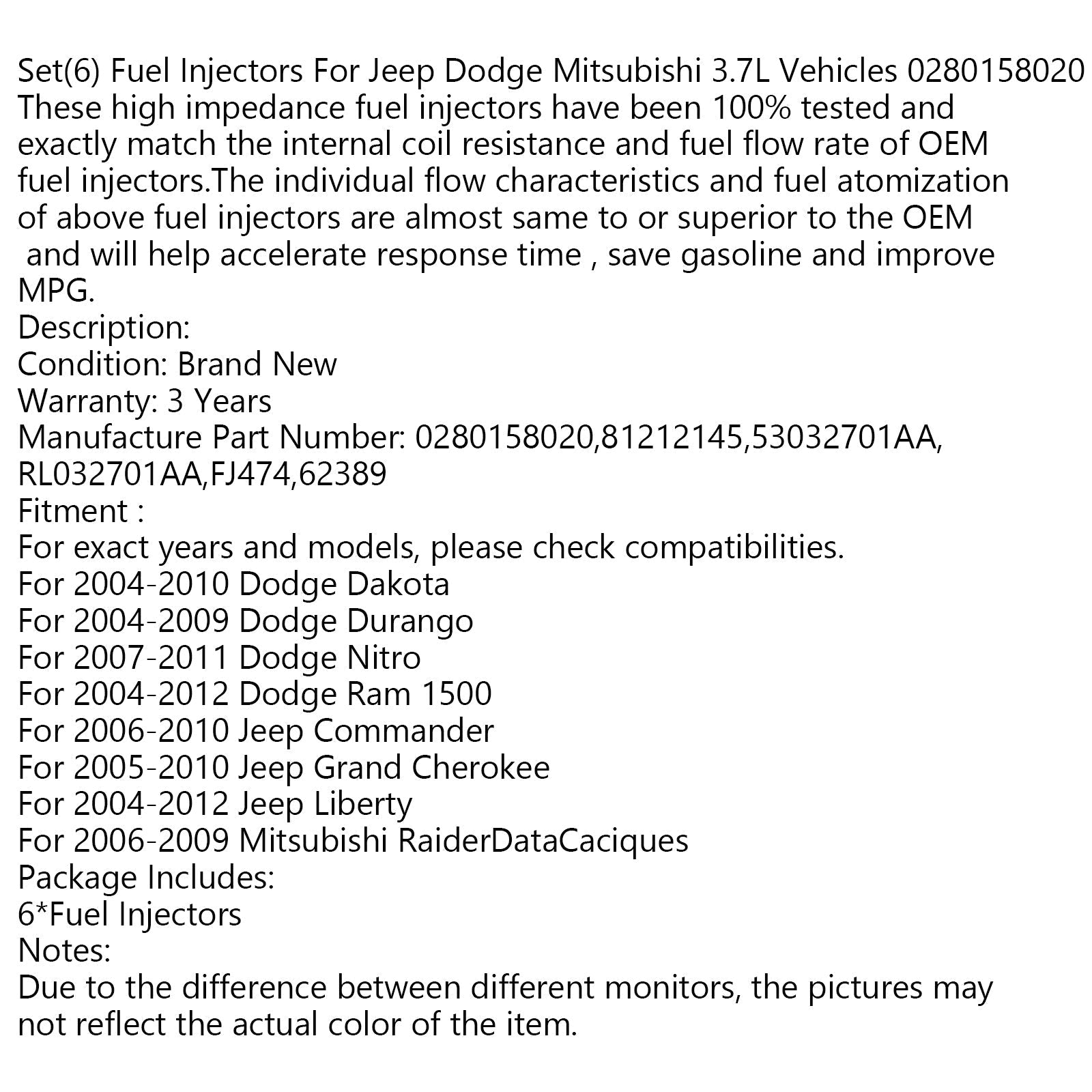 Juego (6) inyectores de combustible para vehículos Mitsubishi 3.7L 0280158020 genérico