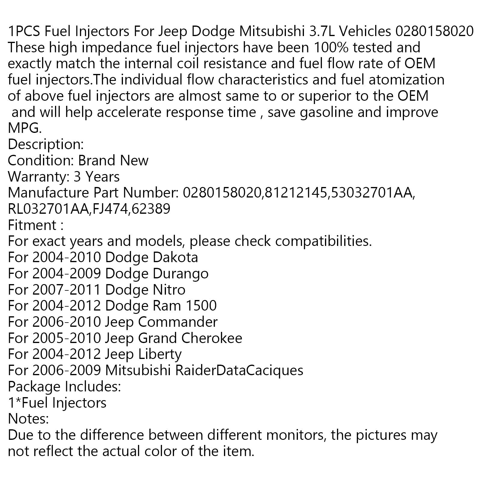 1 inyector de combustible para vehículos Mitsubishi 3.7L 0280158020 genérico.