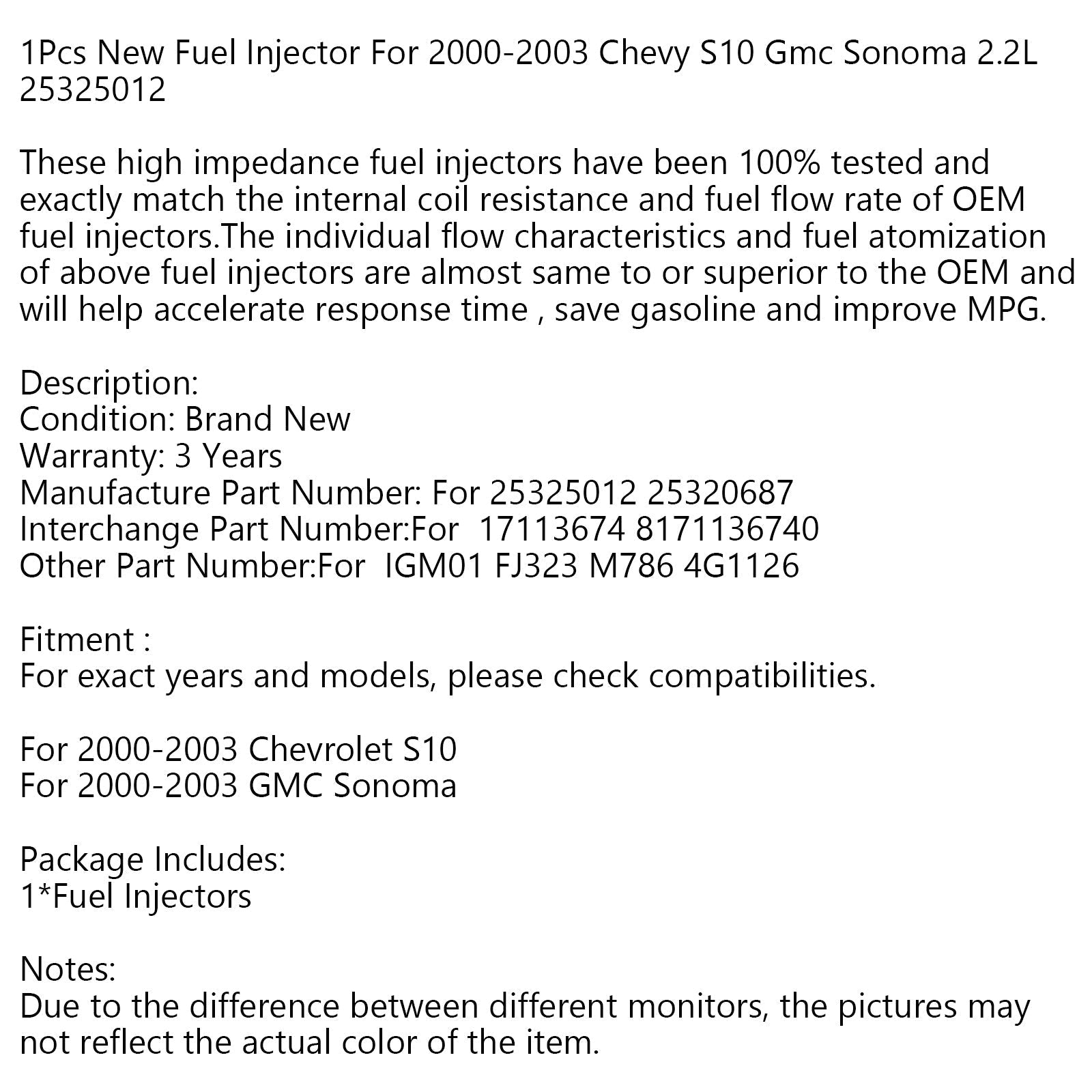 1 pièces nouvel injecteur de carburant pour 2000-2003 Chevy S10 Gmc Sonoma 2.2L 25325012 générique