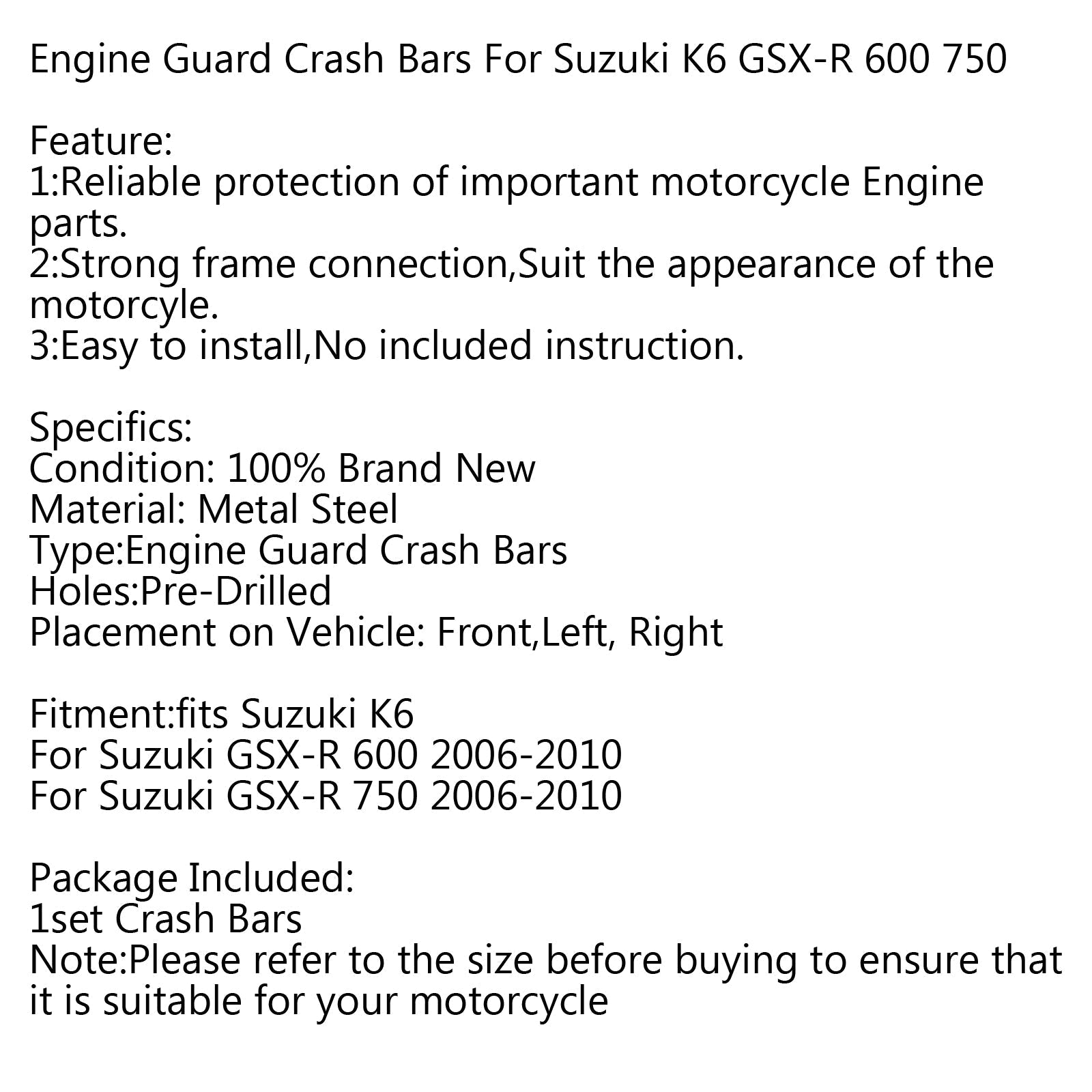 Crash Bar Engine Frame Guard para Suzuki GSXR GSX-R 600 750 06-10 Matt Black Generic