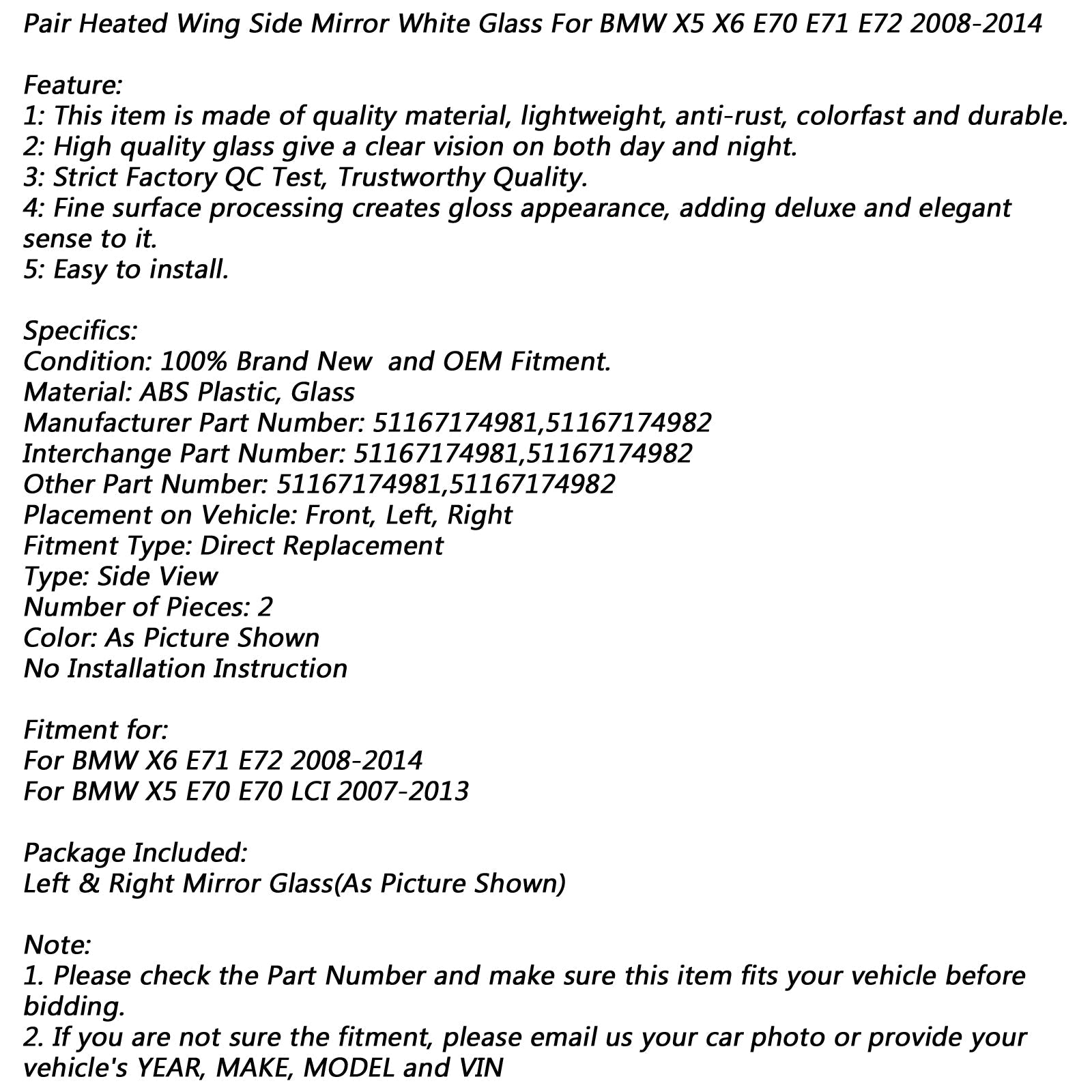 Paire de rétroviseurs latéraux chauffants en verre blanc pour BMW X5 X6 E70 E71 E72 2008-2014 générique