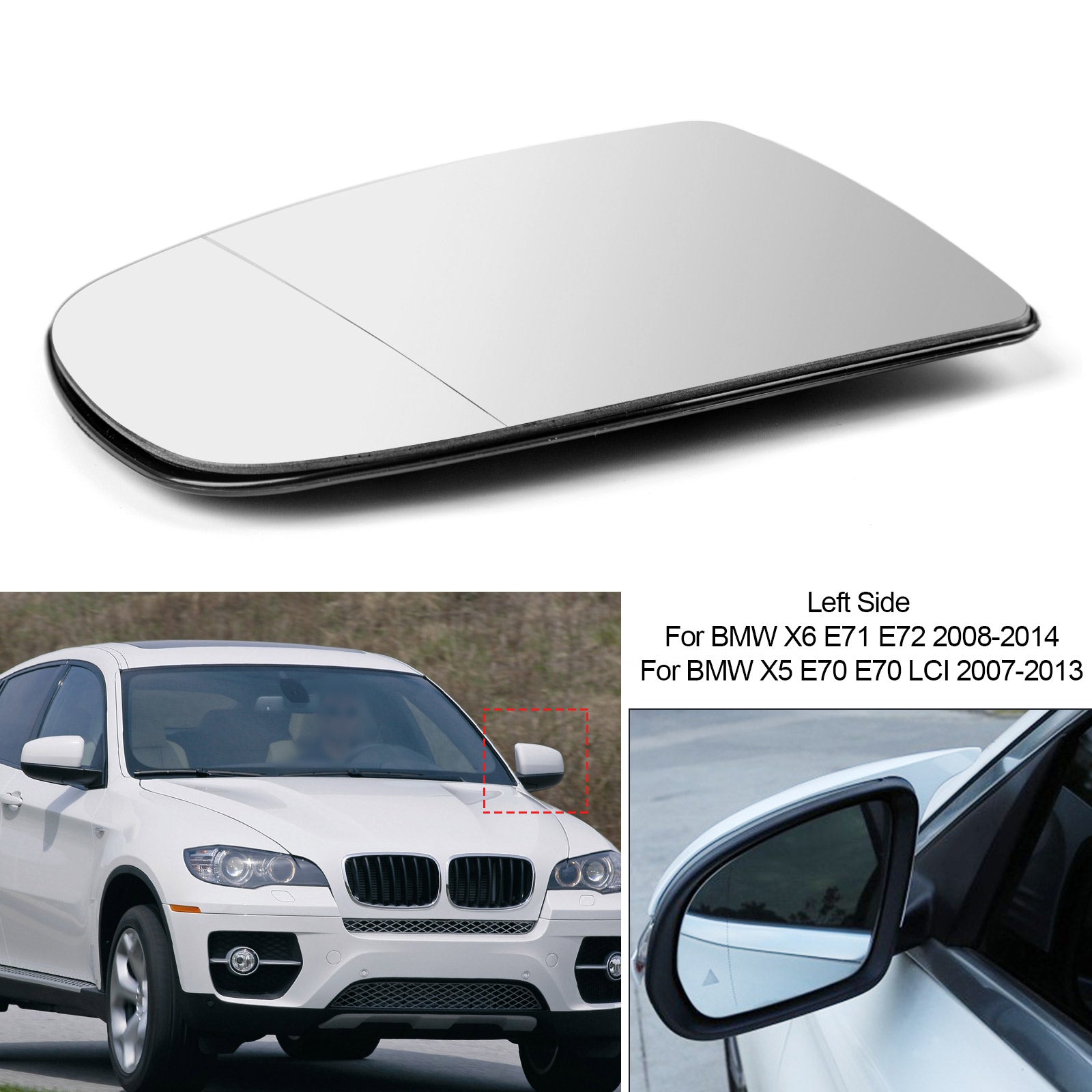 Specchietto retrovisore sinistro riscaldato in vetro bianco per BMW X5 X6 E70 E71 E72 2008-2014 Generico