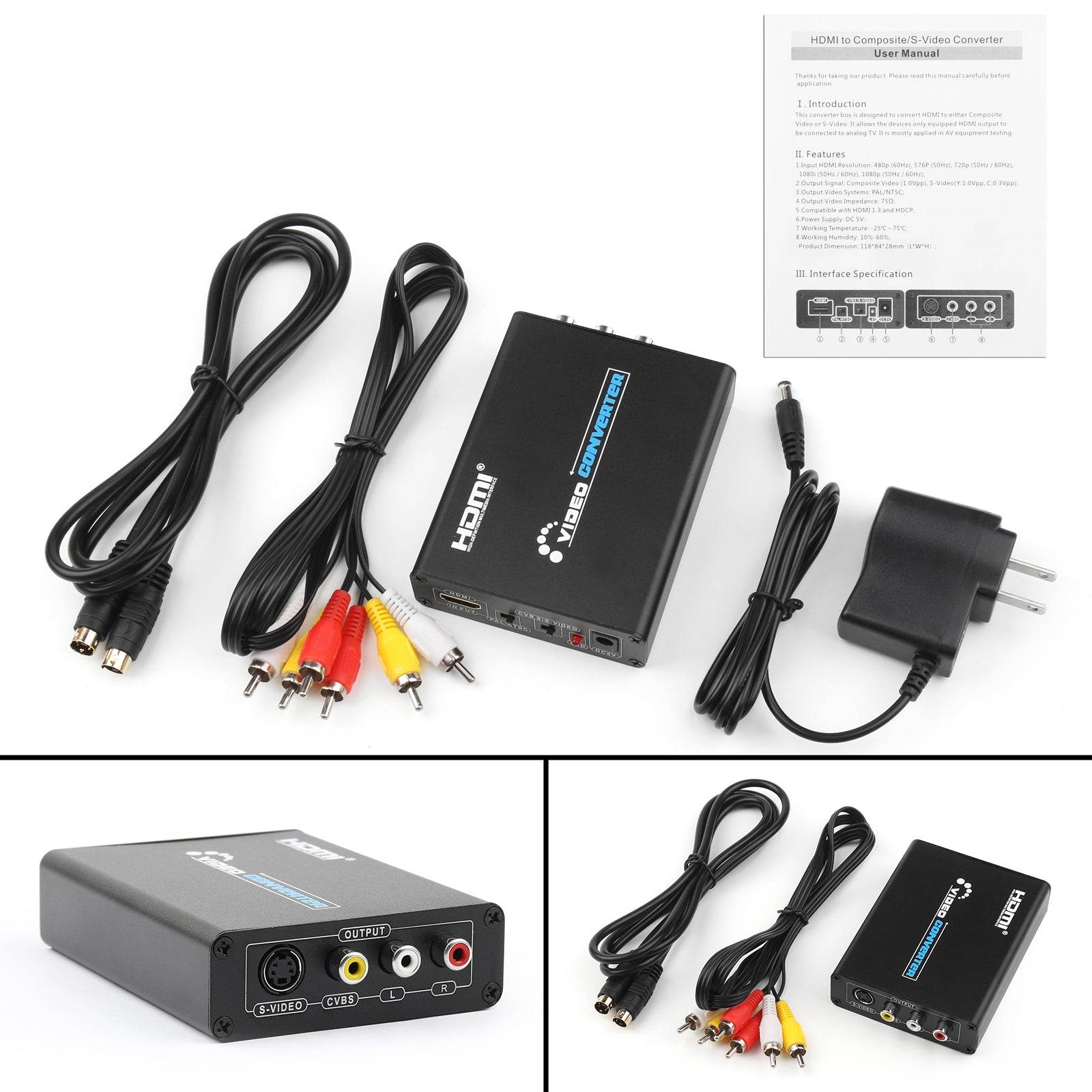 HDMI - 3 RCA AV + S-Video CVBS Composite R/L Audio 1080P Muunnin US Plug Power