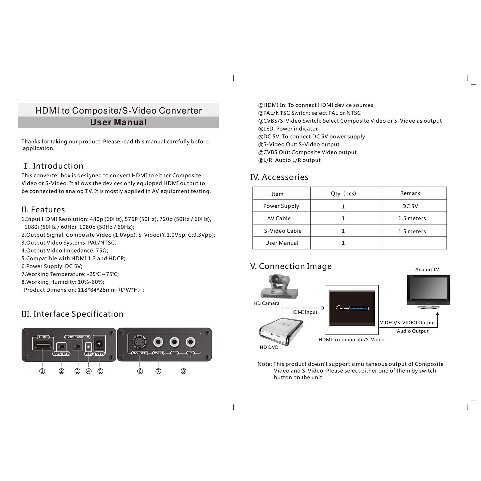 HDMI vers 3 RCA AV + S-Vidéo CVBS Composite R/L Audio 1080P Convertisseur US Plug Power