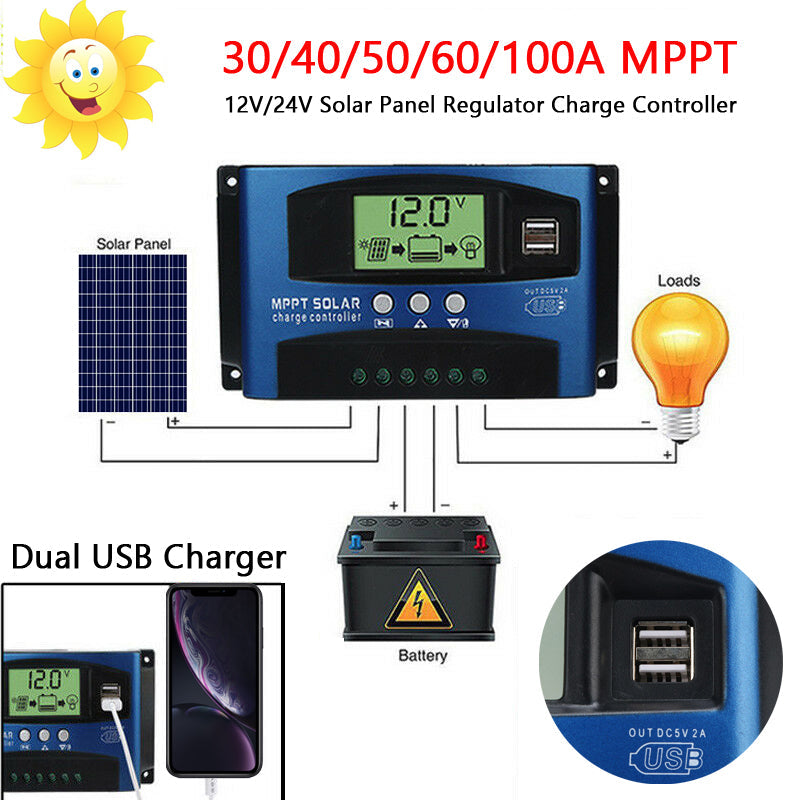 30/40/50/60/100A MPPT Contrôleur de charge du régulateur de panneau solaire 12V/24V Suivi de mise au point automatique