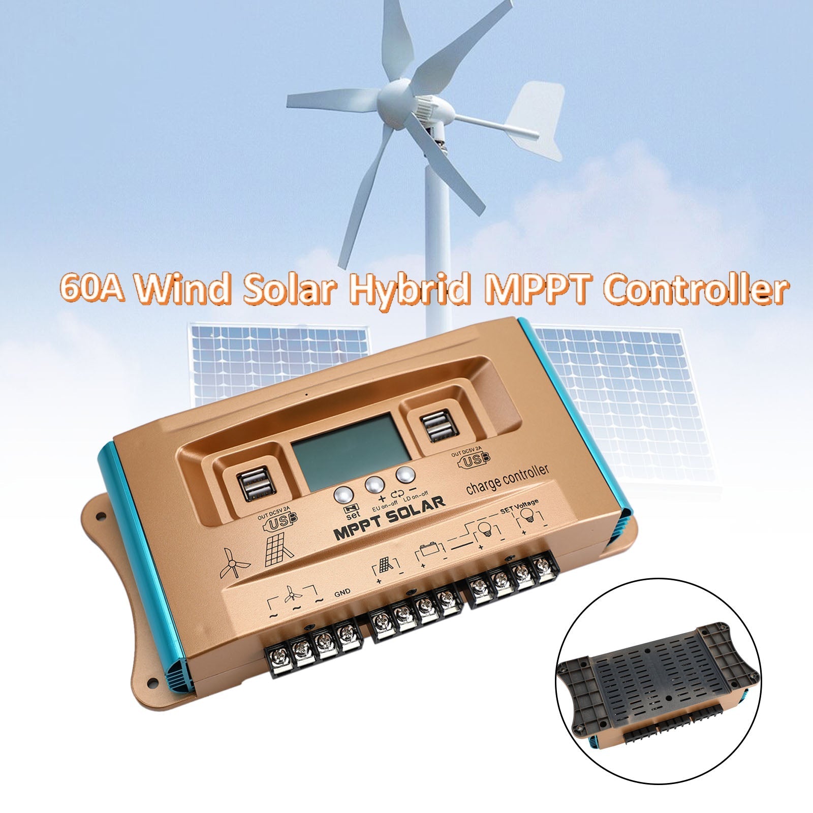 Controlador de sistema híbrido eólico-solar de carga USB Dual MPPT 12V-60V 30A-100A AUTO