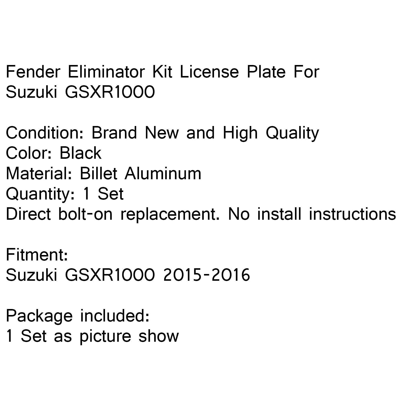 Kit de marco de placa de matrícula eliminador de guardabarros para Suzuki GSXR 1000 2009-2010 negro genérico