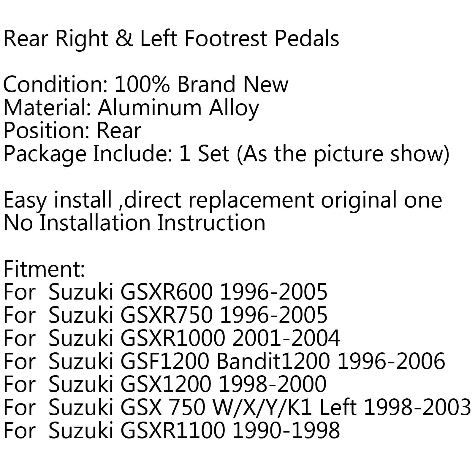 Reposapiés trasero Pedales Estribos para Suzuki GSXR600 GSX-R GSX 750 1000 GSF600 Genérico