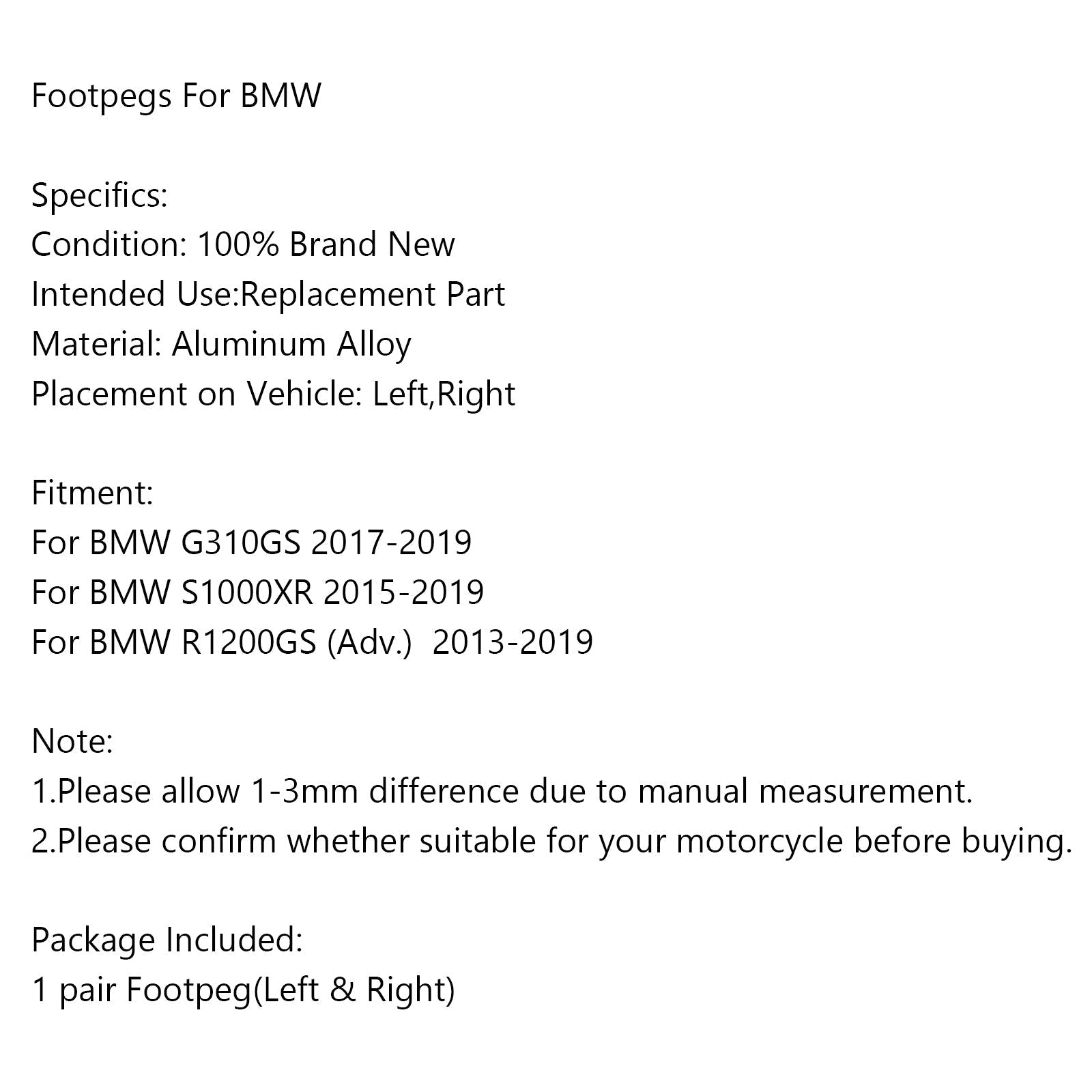 Clavijas de pie CNC Clavijas de pie para BMW G310GS 17-19 S1000XR 15-19 R1200GS (Adv.) 13-19 Genérico