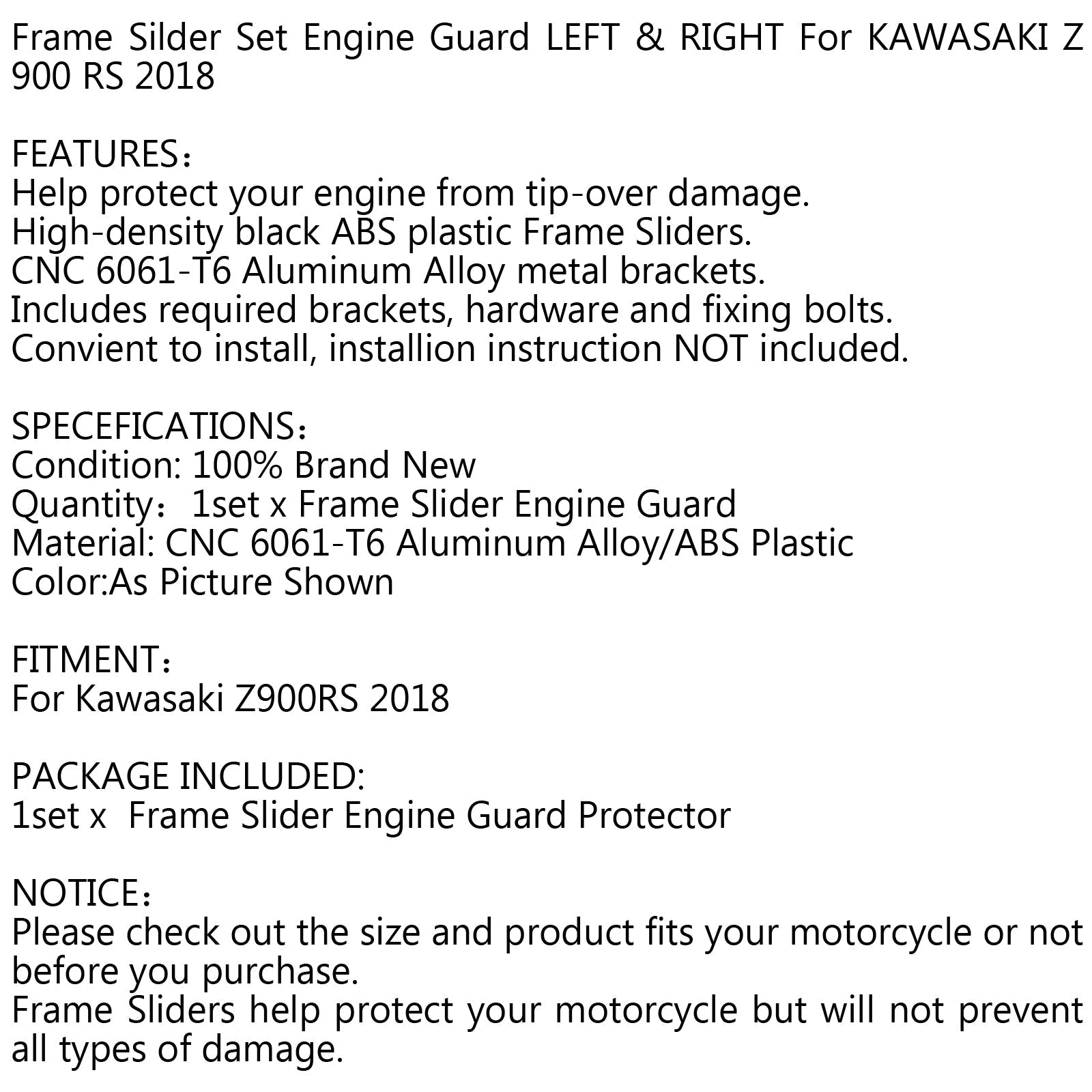 Frame Slider SET Engine Guard Protector GAUCHE et DROITE Pour 2018 Kawasaki Z 900 RS Générique