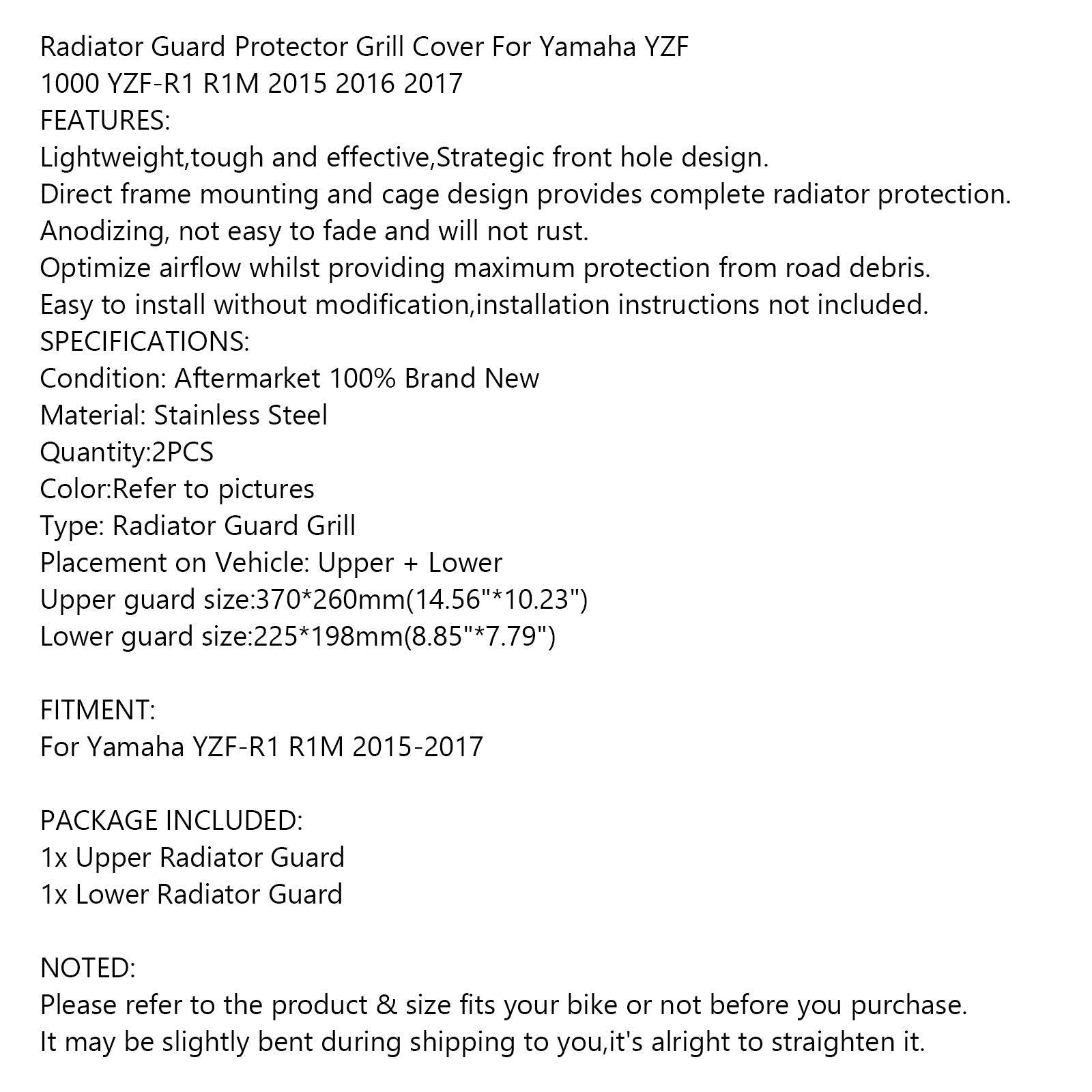 Protezione Radiatore Olio Superiore e Inferiore per Yamaha YZF-R1 R1M 15-17 Generico