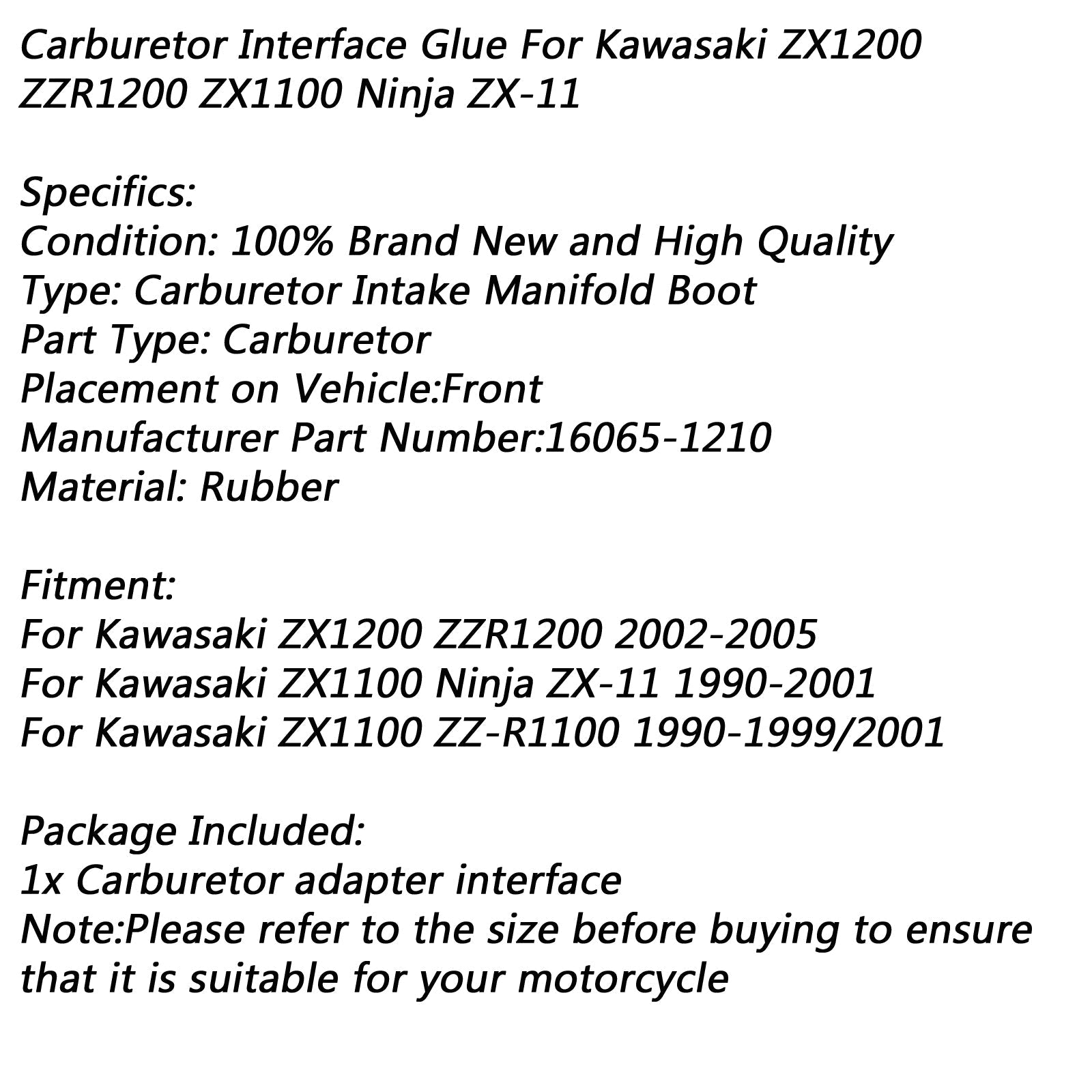 Fuelle de colector de admisión de carburador para Kawasaki ZX1200 ZZR1200 Ninja ZX-11 ZX1100 genérico