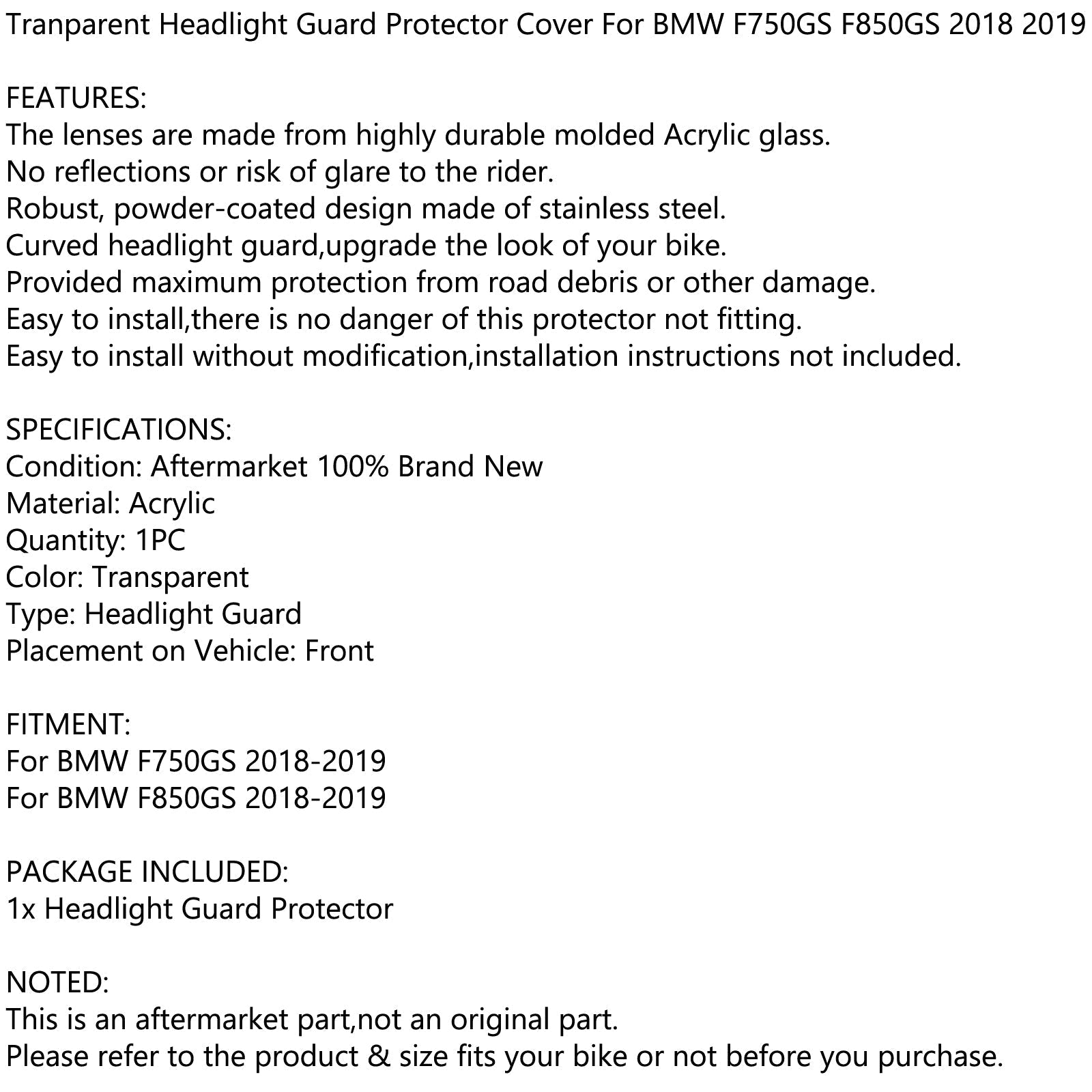 Couvercle de protection de phare transparent pour BMW F750GS F850GS 2018 2019 générique