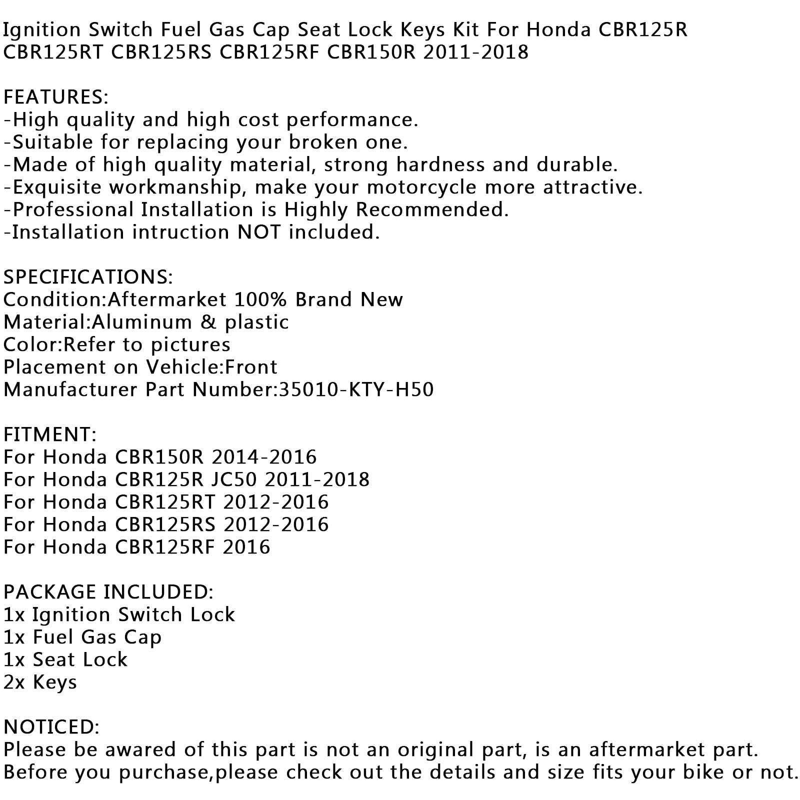 Clé de verrouillage de siège de bouchon de gaz de carburant de commutateur d'allumage pour Honda CBR150R CBR125R RT RS 11-18 générique