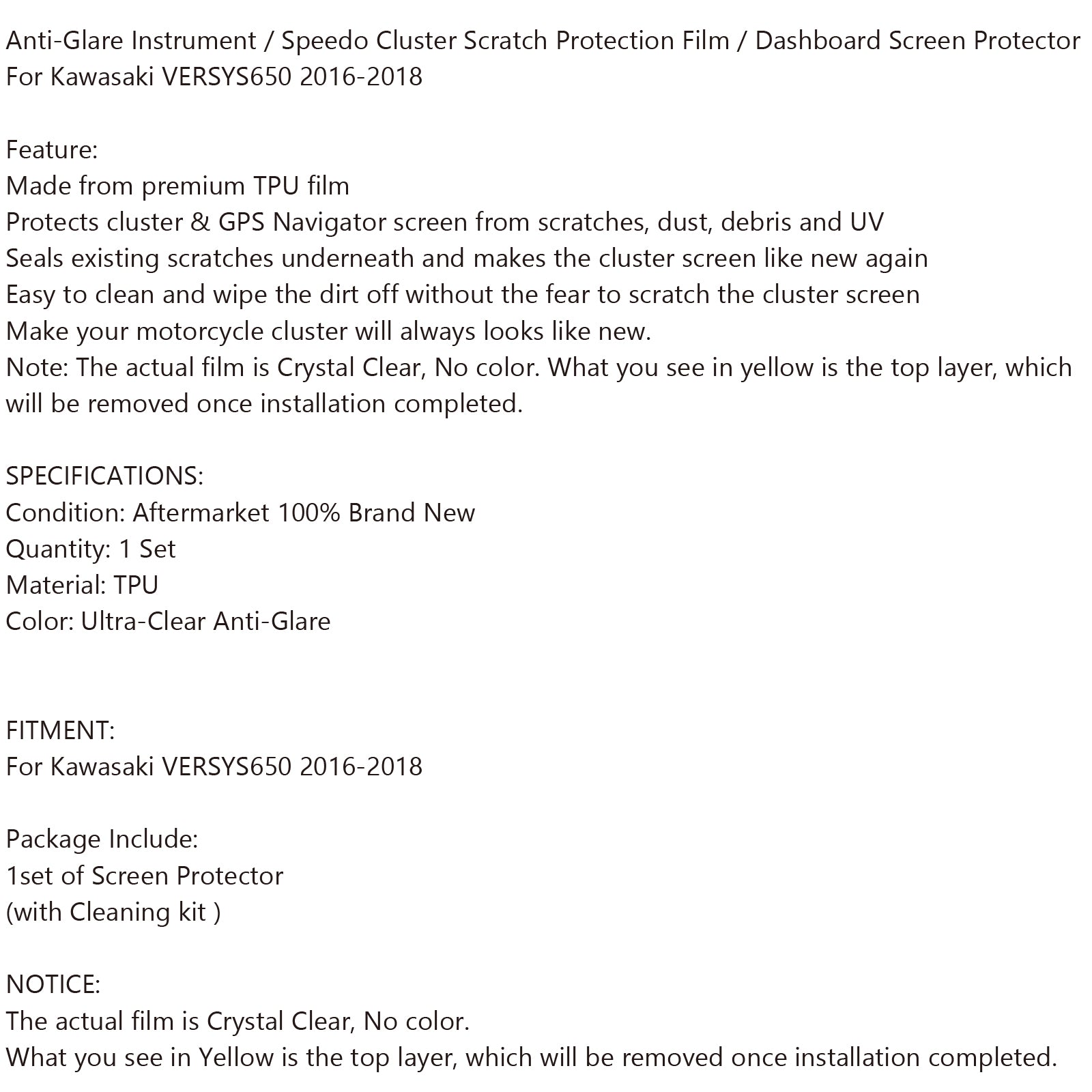 Protector de pantalla de salpicadero de rayas de clúster para Kawasaki VERSYS650 2016-2018 genérico