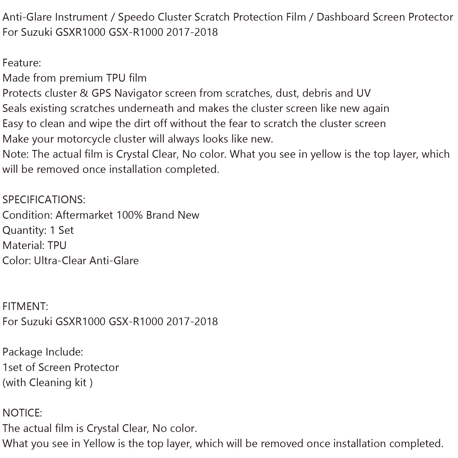 Protector de pantalla de salpicadero para Suzuki GSXR1000 GSX-R1000 2017-18 genérico