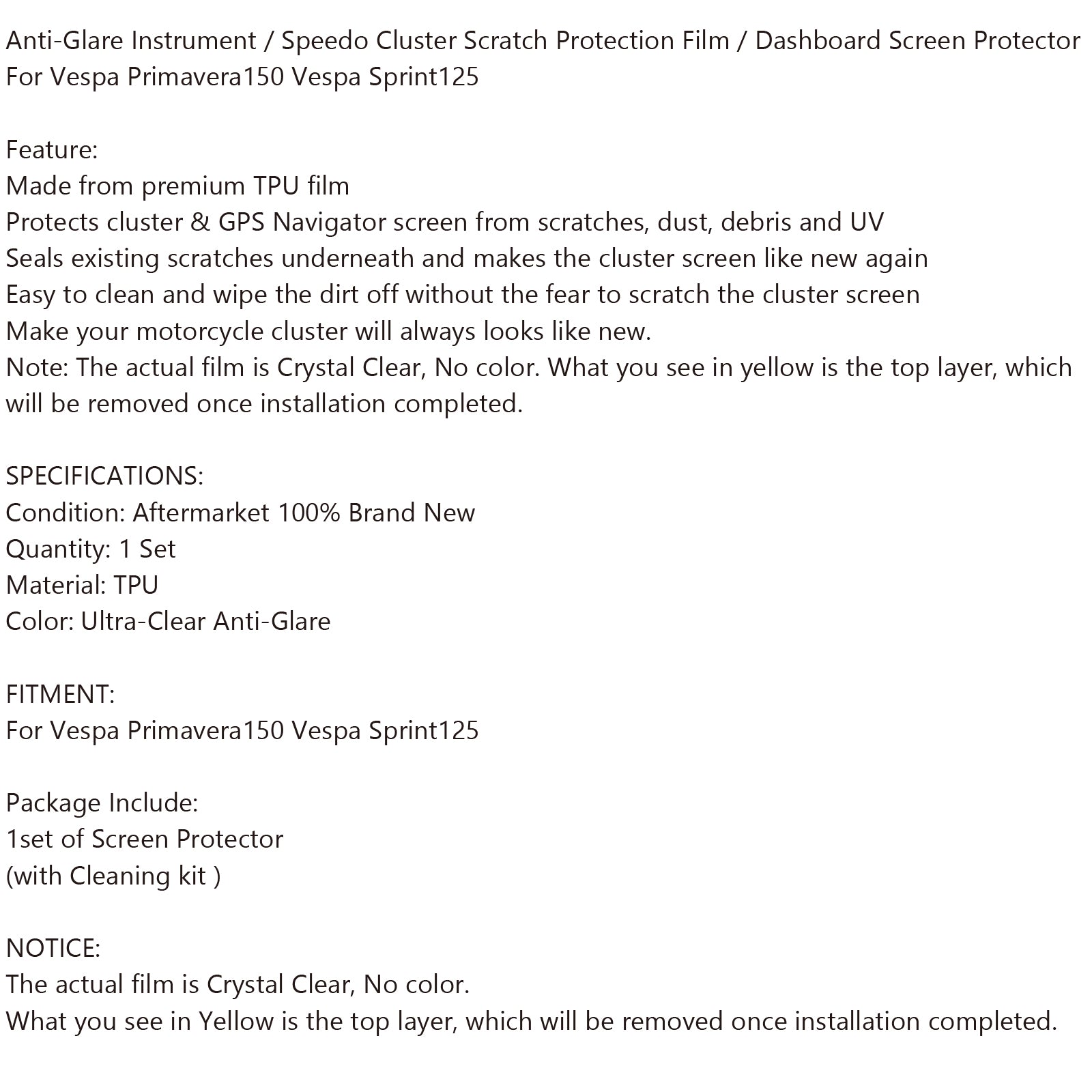 Moto Ultra Clear Dashboard Protectores de pantalla para Vespa Primavera 150 Sprint125 Genérico