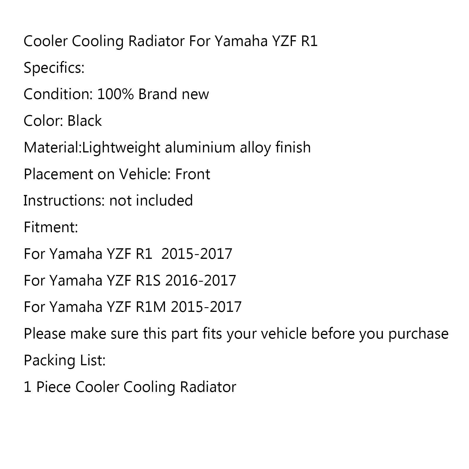 Radiateur de refroidissement en aluminium pour Yamaha YZF R1 R1M 2015-2017 R1S 2016-2017 générique