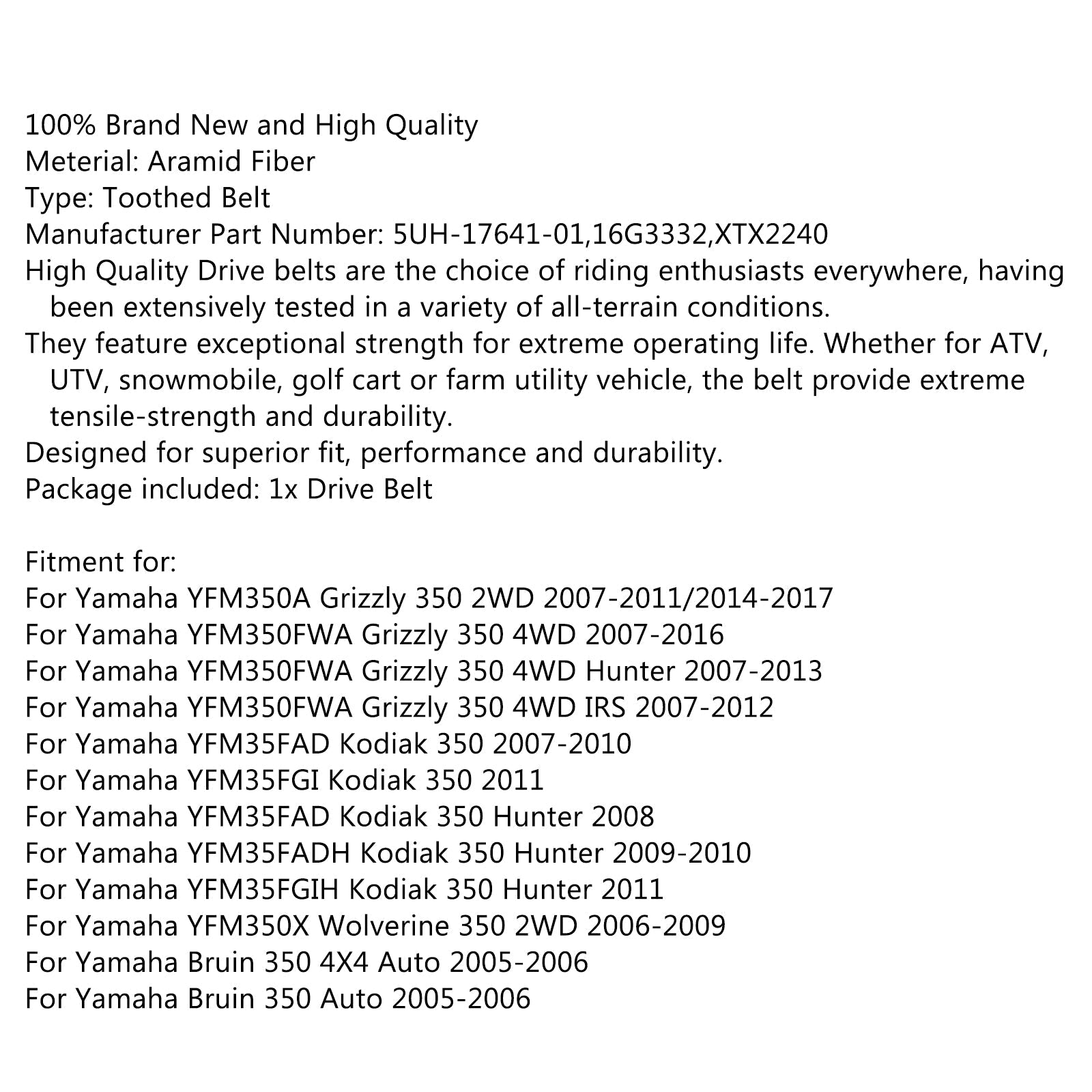 Courroie d'entraînement XTX2240 pour Yamaha Grizzly 350 4WD Hunter Kodiak Bruin 4X4 YFM350A générique