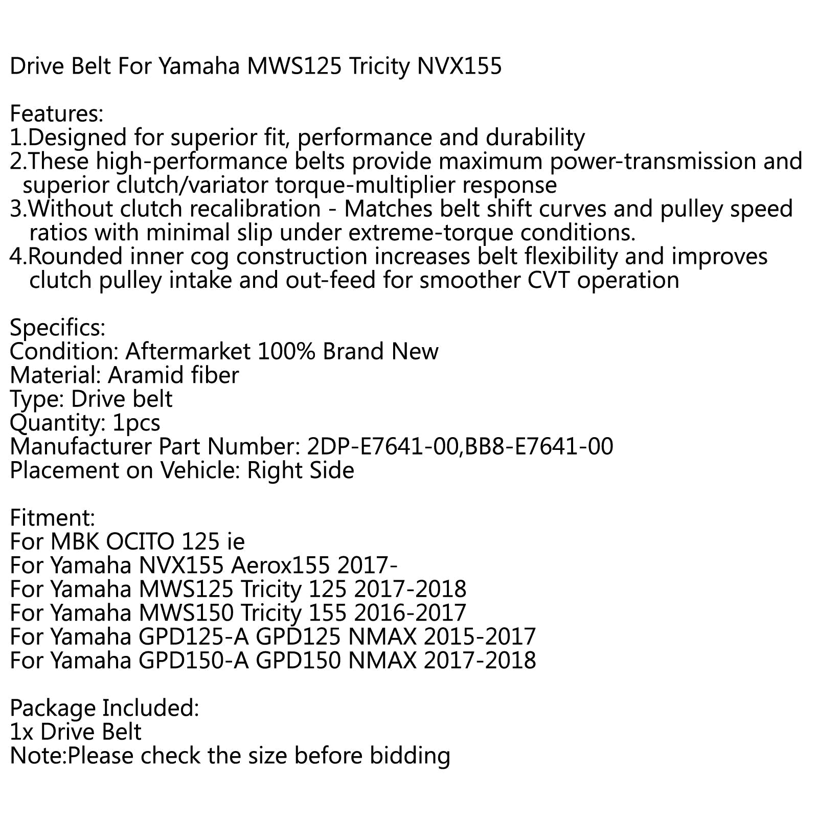 Correa de transmisión para Yamaha NVX155 Aerox 155 MWS 125 GPD125 Tricity BB8-E7641-00 genérico