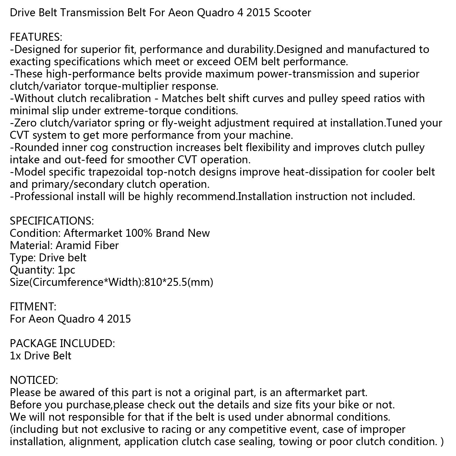 Correa de transmisión de repuesto para motor genérico de scooter de cuatro ruedas Aeon Quadro 4 2015 346cc