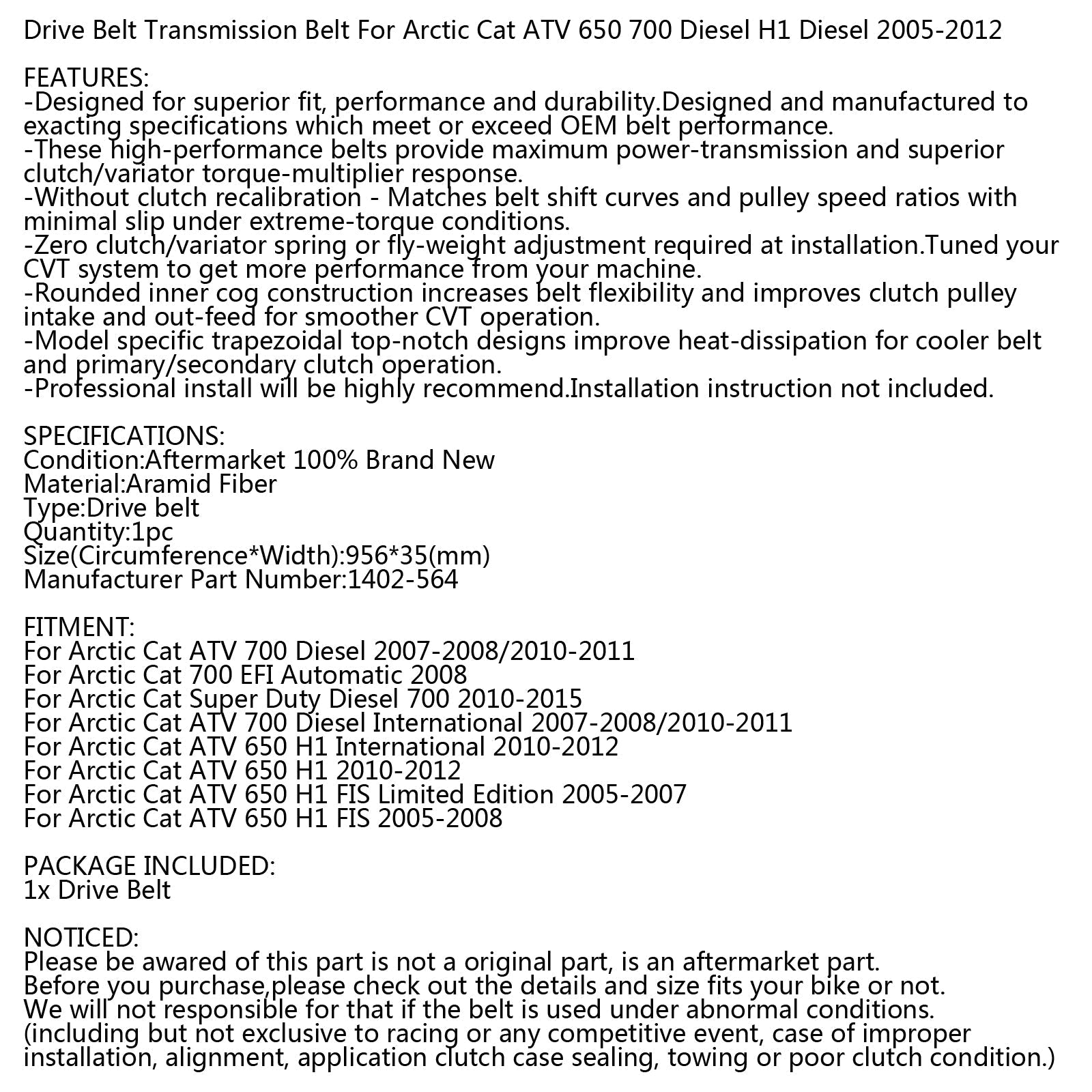 Cinghia di trasmissione di ricambio per Arctic Cat 1402-564 ATV 650 700 Diesel HI 2005-2015 Generico