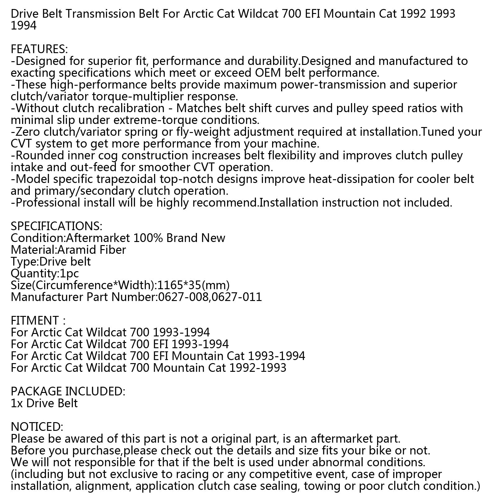 Correa de transmisión para Arctic Cat 0627-008 0627-011 Snowmobile Wildcat 700 EFI 92-94 Genérico