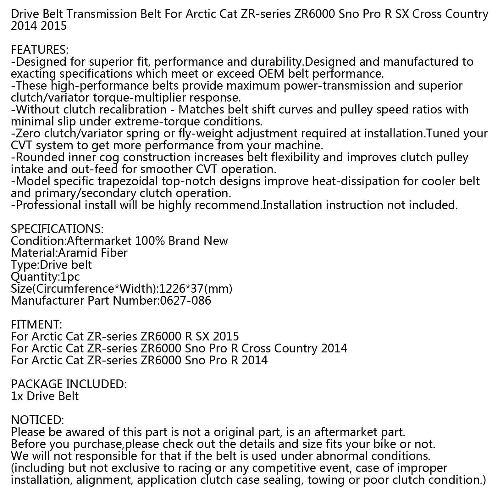 Cinghia di trasmissione per Arctic Cat serie ZR 0627-086 motoslitta ZR6000 Sno Pro R 14-15 generico