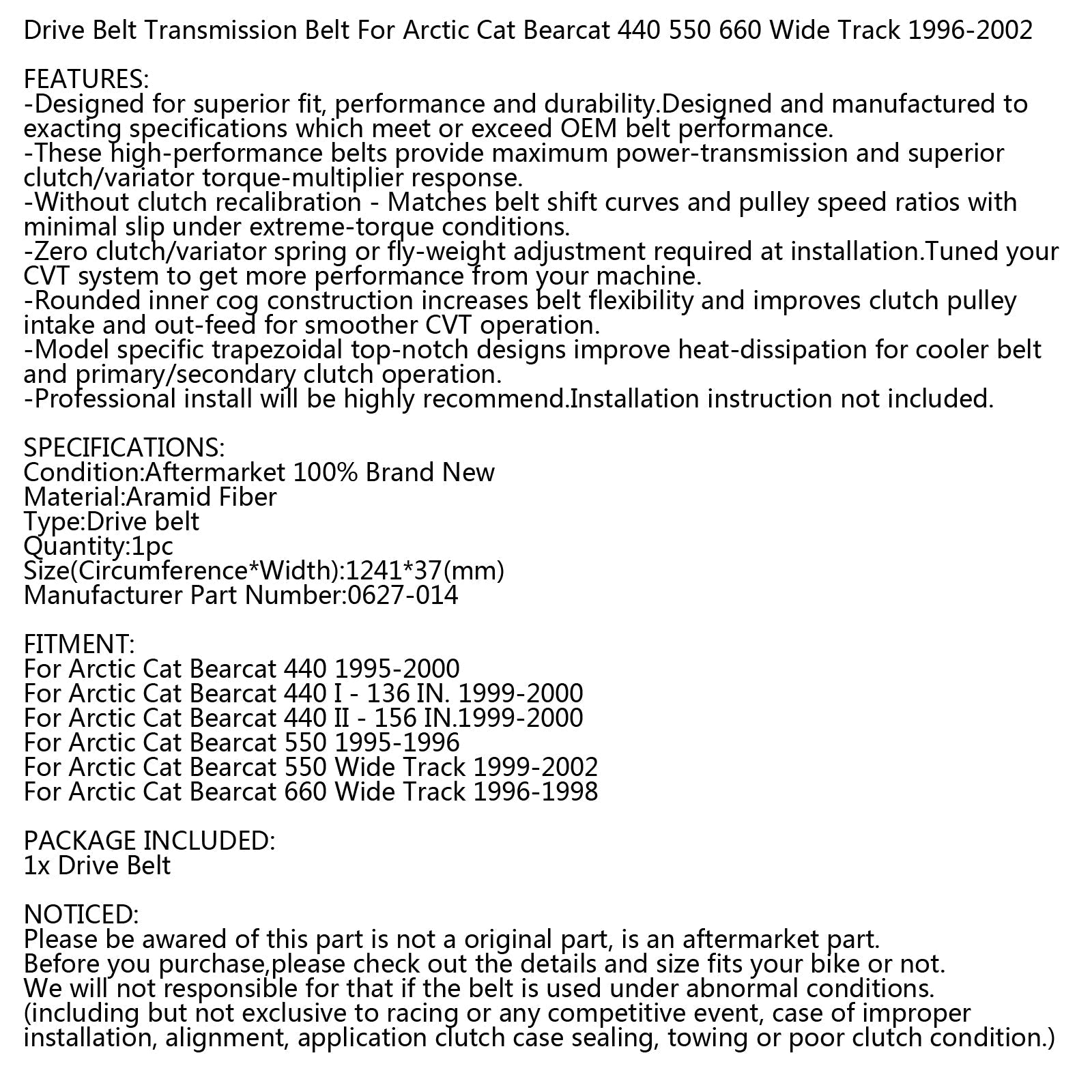 Cinghia di trasmissione per Arctic Cat 0627-014 Motoslitta Bearcat 440 550 660 Generico Wide Track