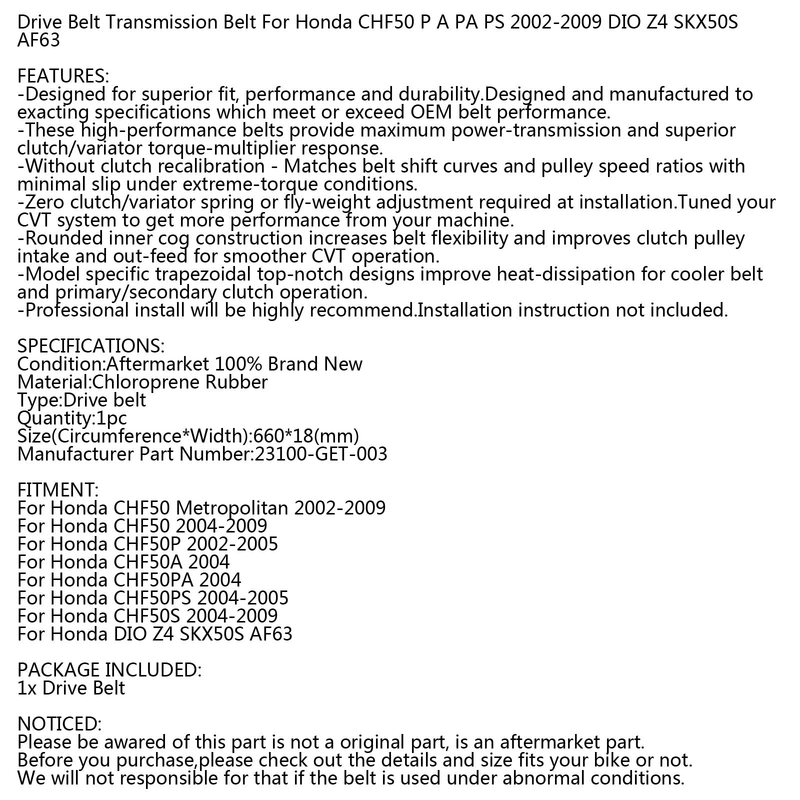 Correa de transmisión para Honda Metropolitan CHF50 PAS PA PS 2002-2009 23100-GET-003 Genérico