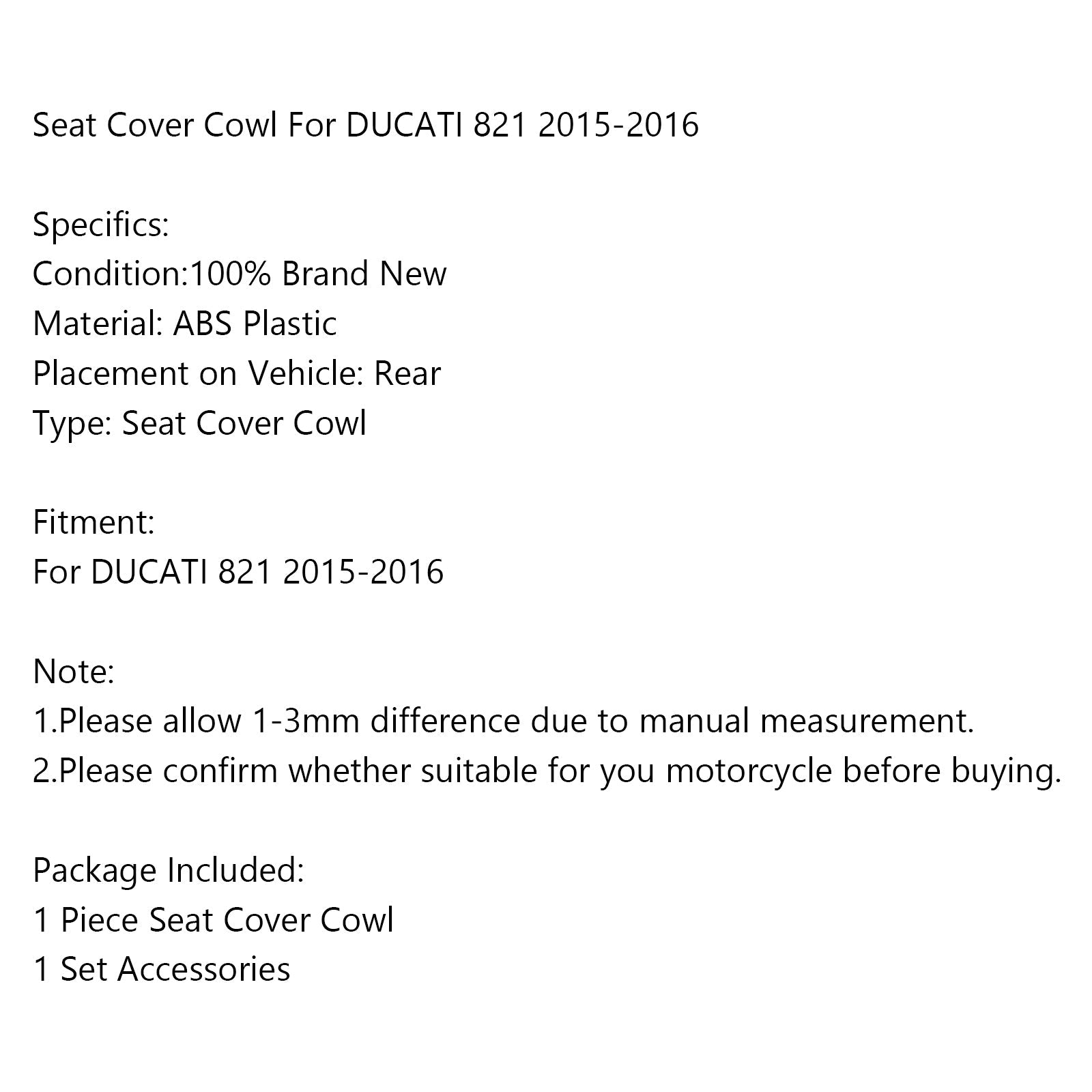 Couverture de carénage de capot de siège arrière de moto ABS pour DUCATI 821 2015-2016 générique