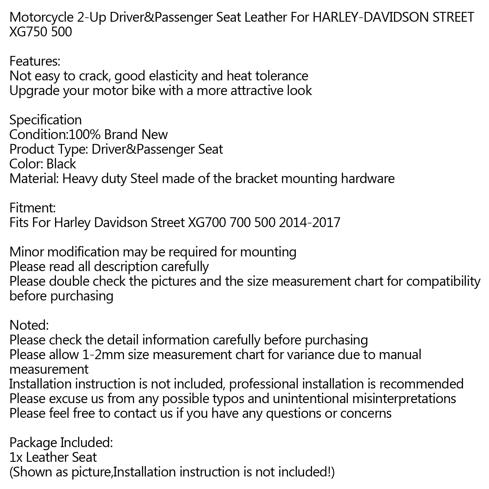 Asiento de cuero para conductor de 2 asientos para Davidson Street XG700 500 2014-17 genérico
