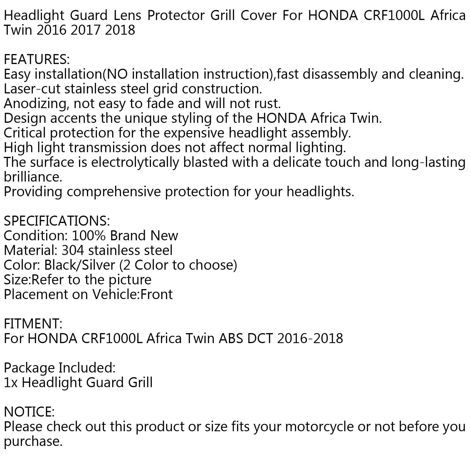 Protector de parrilla para faros delanteros para HONDA CRF1000L AFRICA TWIN 2016-2018 Genérico