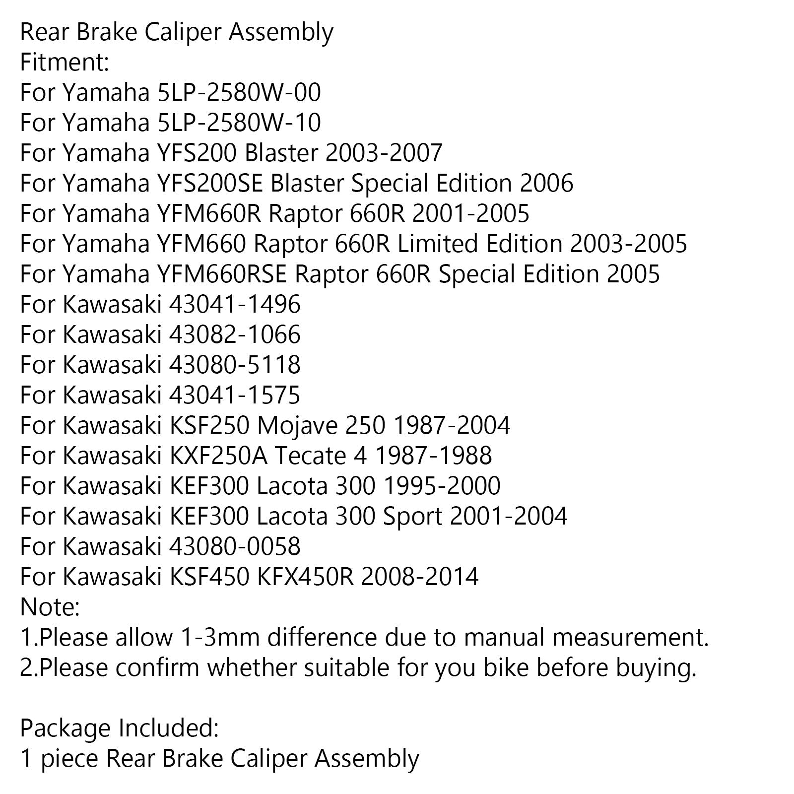 Ensemble d'étrier de frein arrière pour Yamaha YFS 200 YFM 660 Kawasaki KSF 250 450 générique