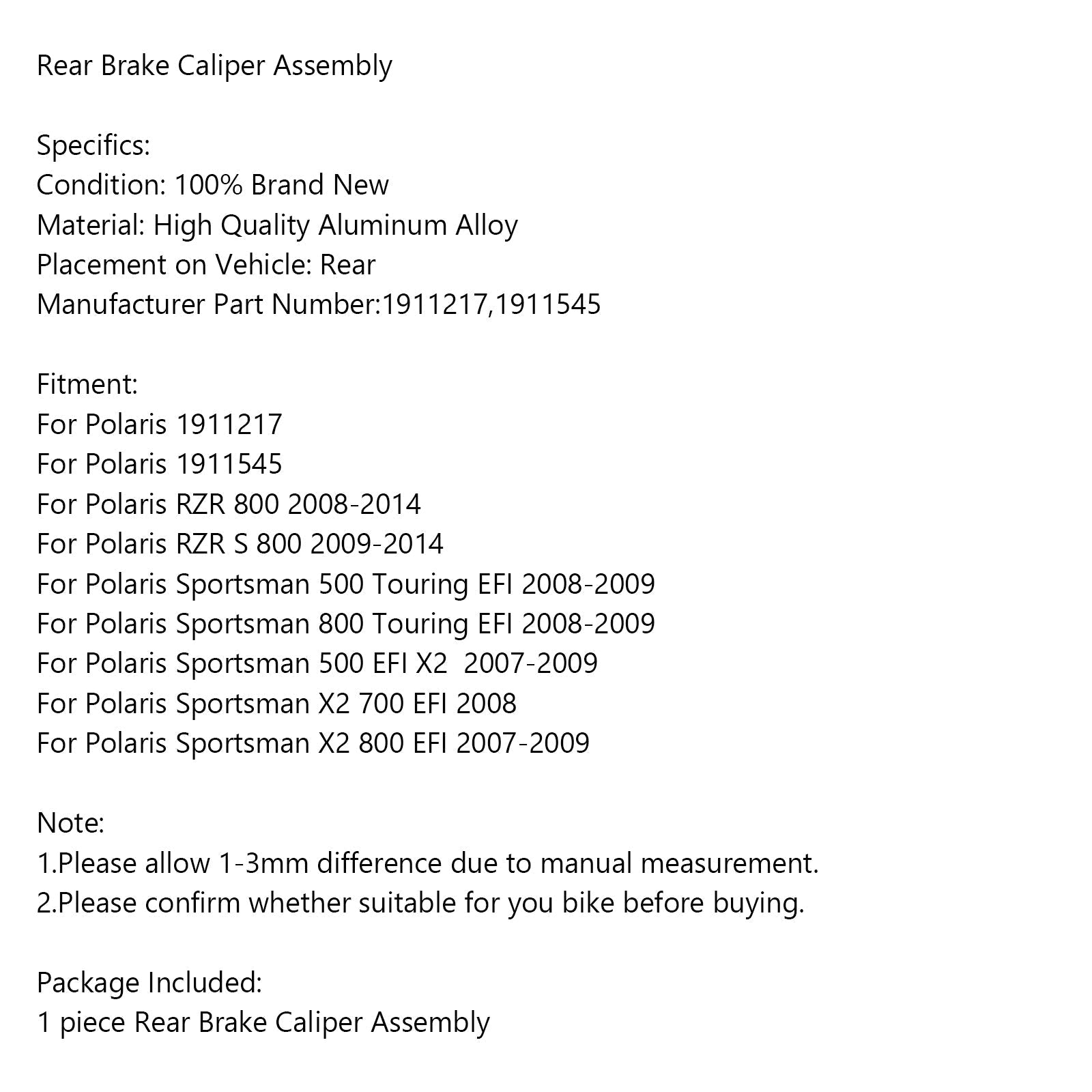 Conjunto de pinza de freno trasero 1911217 para Polaris RZR 800 Sportsman 500 800 X2 700 genérico