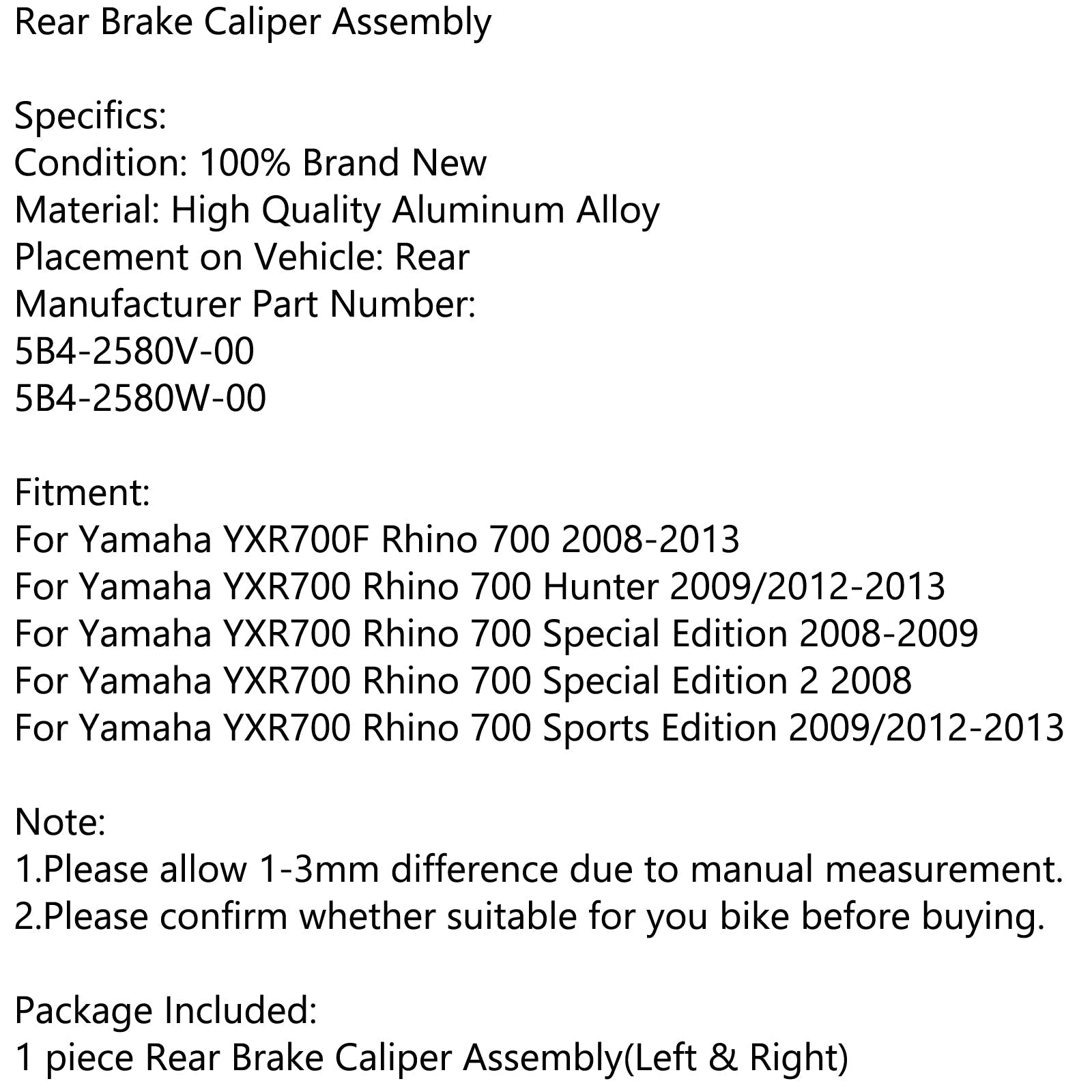 Ensemble d'étrier de frein arrière pour Yamaha YXR700F Rhino 700 Hunter Sports 12-13 générique