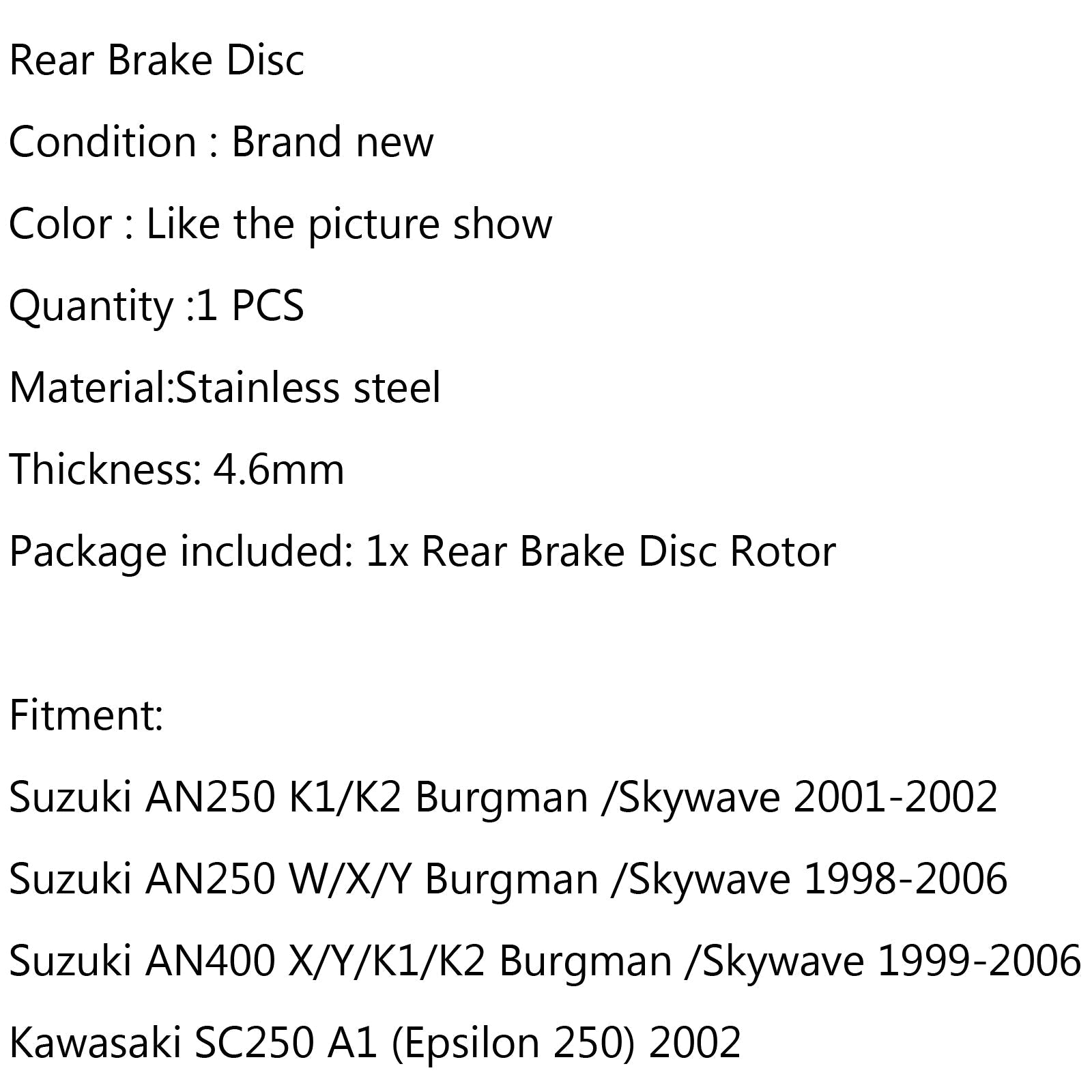 Rotor de disque de frein arrière pour Suzuki AN 250 K1/K2 AN400 X/Y/K1/K2 Kawasaki SC250 générique