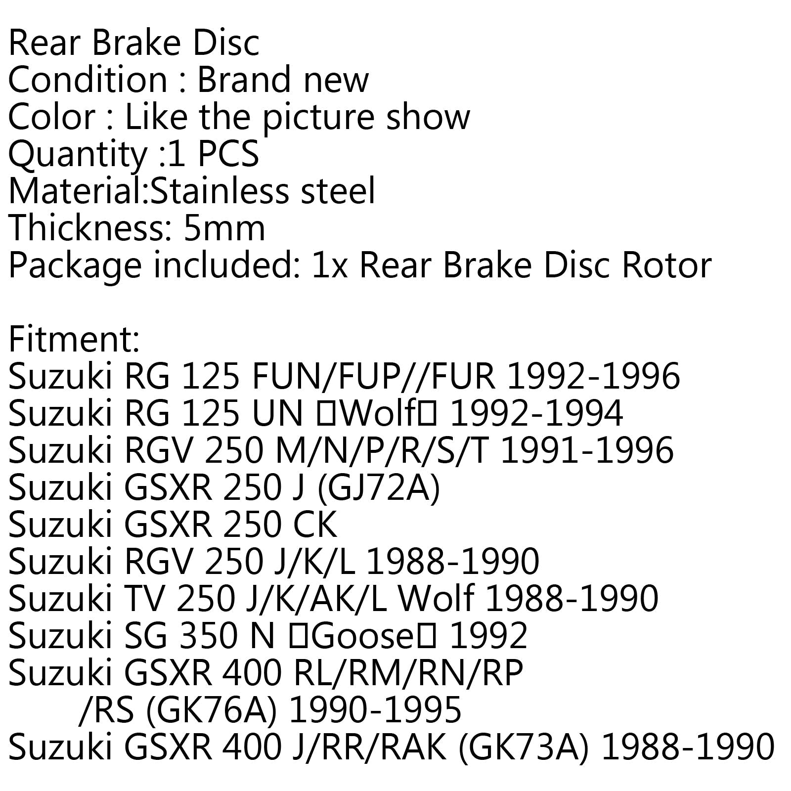 Rotor de disco de freno trasero para Suzuki RGV 250 M/N/P/R/S/T Suzuki GSXR 250 J CK 400 Genérico