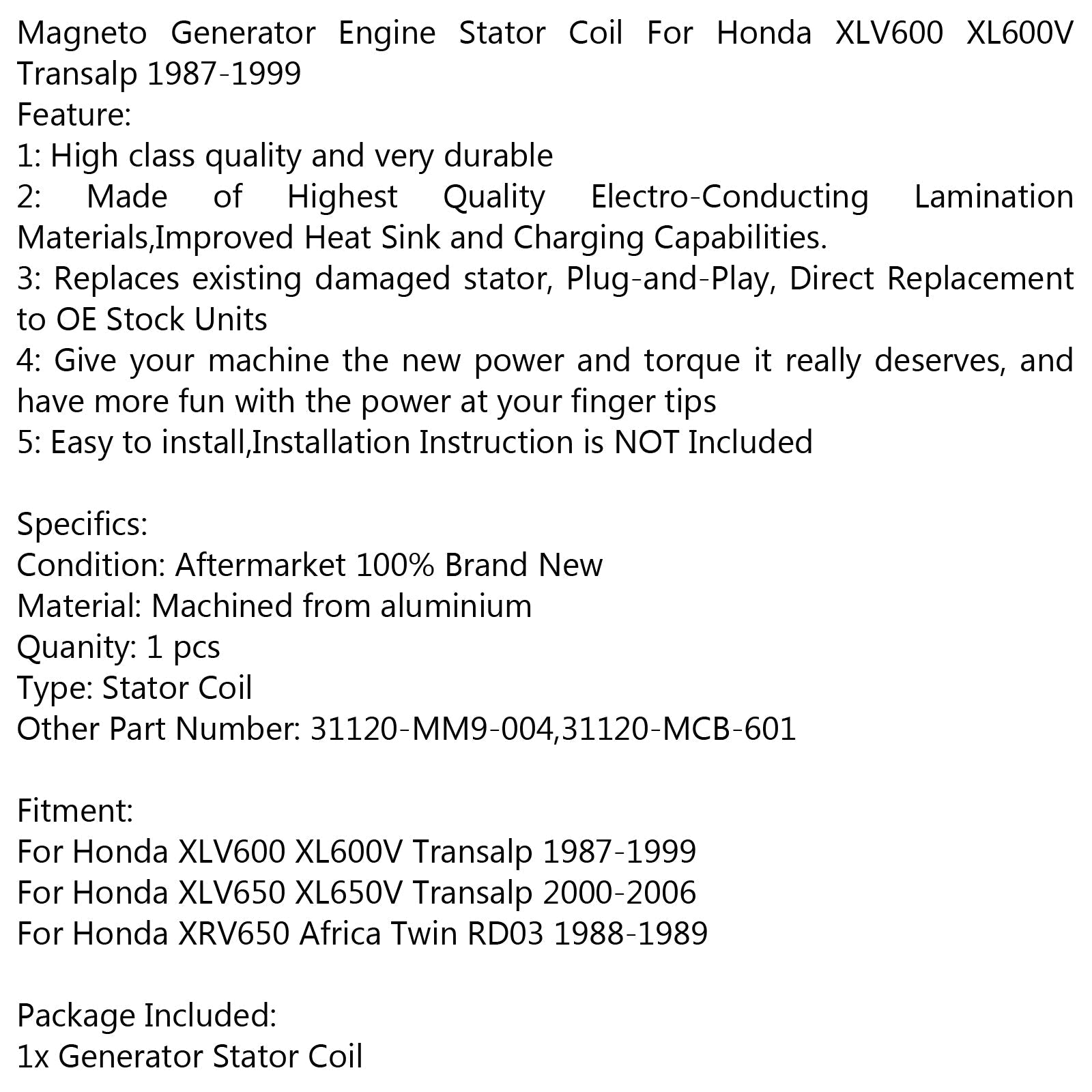 Bobine de stator de générateur pour Honda XLV600 XL600V Transalp (87-99) XL650V Transalp générique
