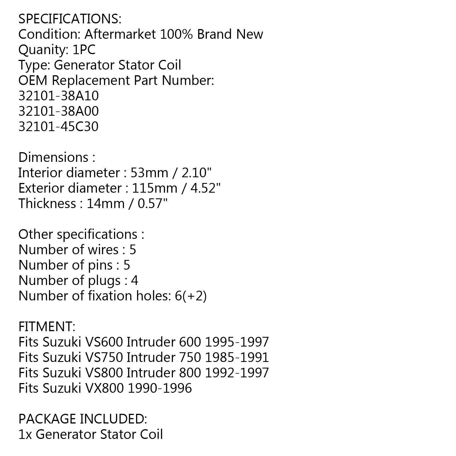 Bobine de Stator de générateur de magnéto pour Suzuki VS600 VS750 VS800 Intruder VX800 90-97 générique