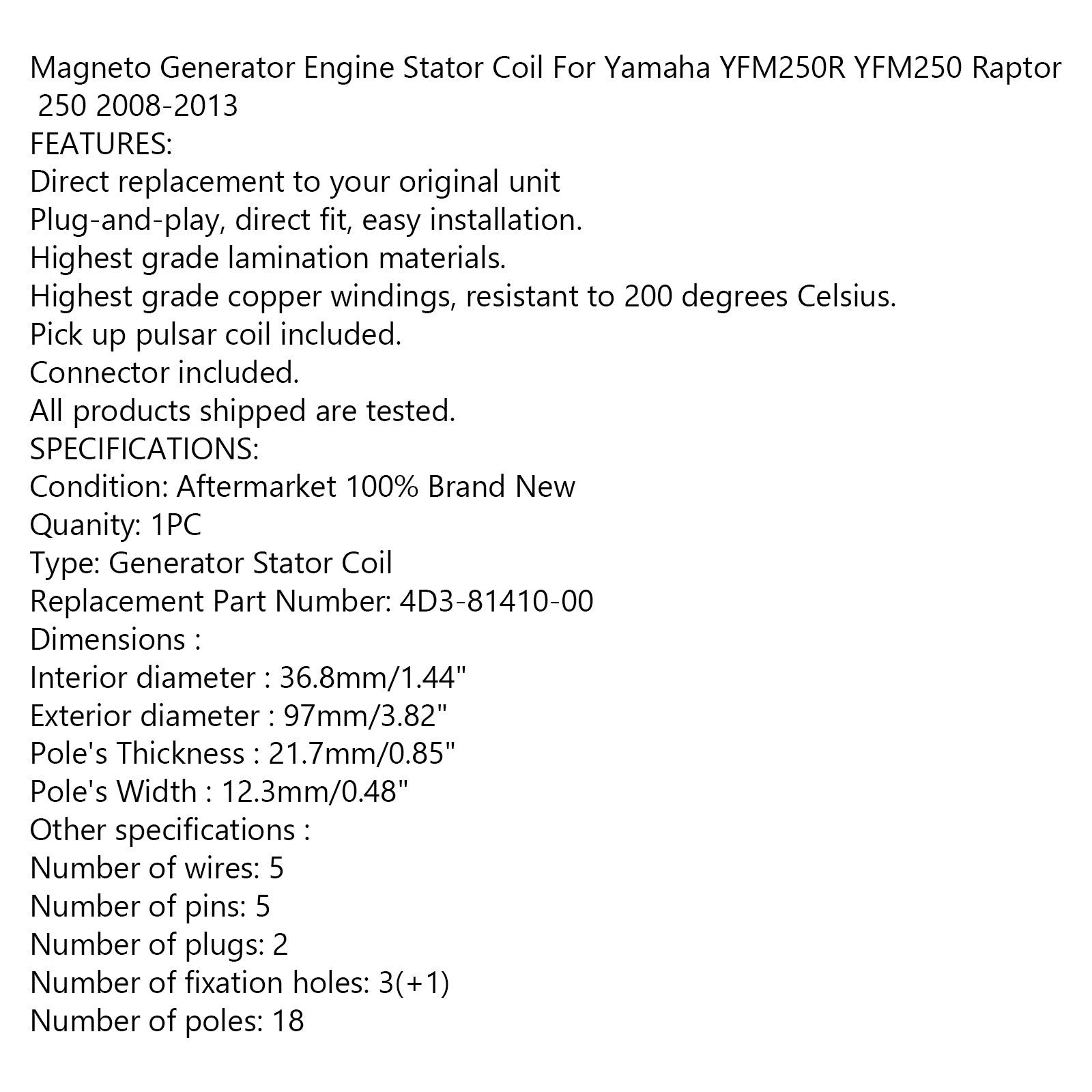 Estator generador para Yamaha Raptor 250 YFM250 YFM250R 2008-2013 genérico 4D3-81410-00