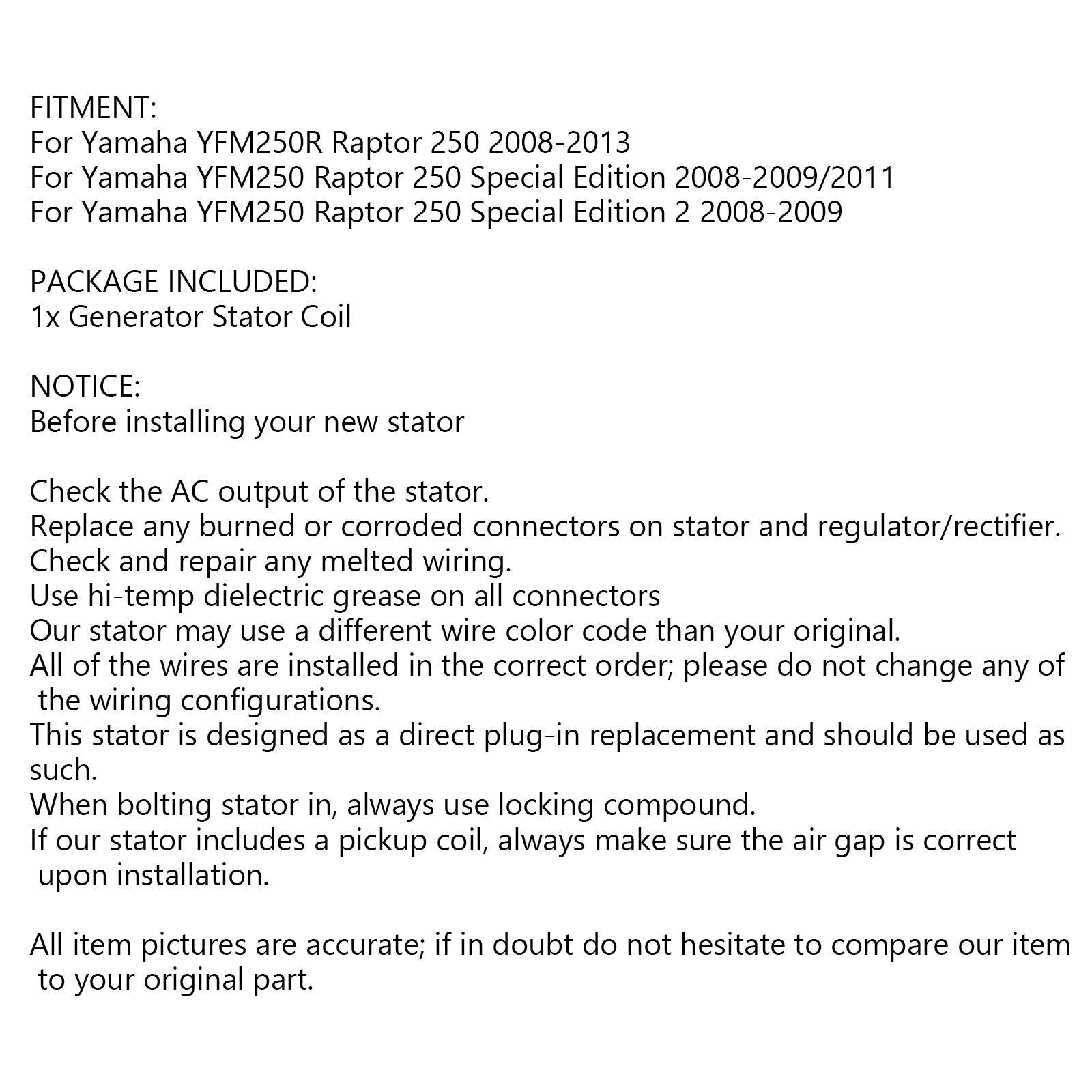 Estator generador para Yamaha Raptor 250 YFM250 YFM250R 2008-2013 genérico 4D3-81410-00