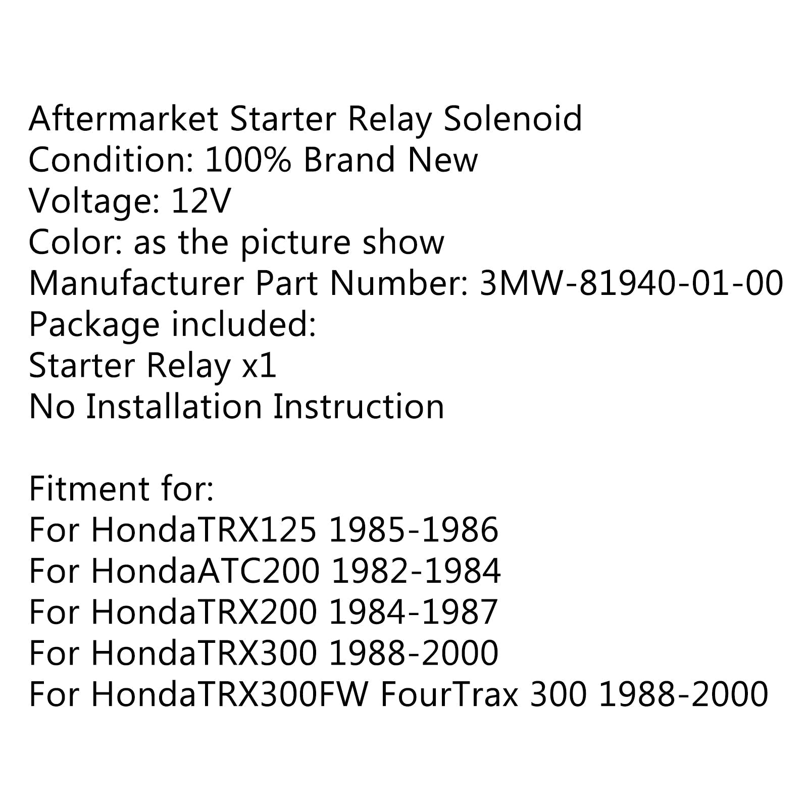 Allumage de relais de solénoïde de démarreur pour Honda TRX125 85-86 ATC200 TRX 200 300 générique