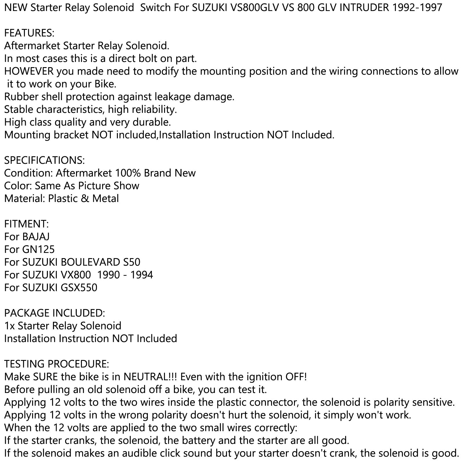 Relais de solénoïde de démarreur pour SUZUKI VS800GLV VS 800 GLV INTRUDER 1992-1997 moteur générique