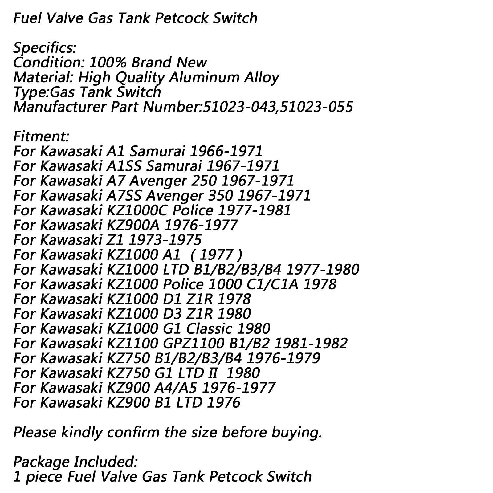 Commutateur de réservoir de gaz de soupape de carburant Petcock pour Kawasaki A1 Samurai Z1 KZ1000 51023-043 générique